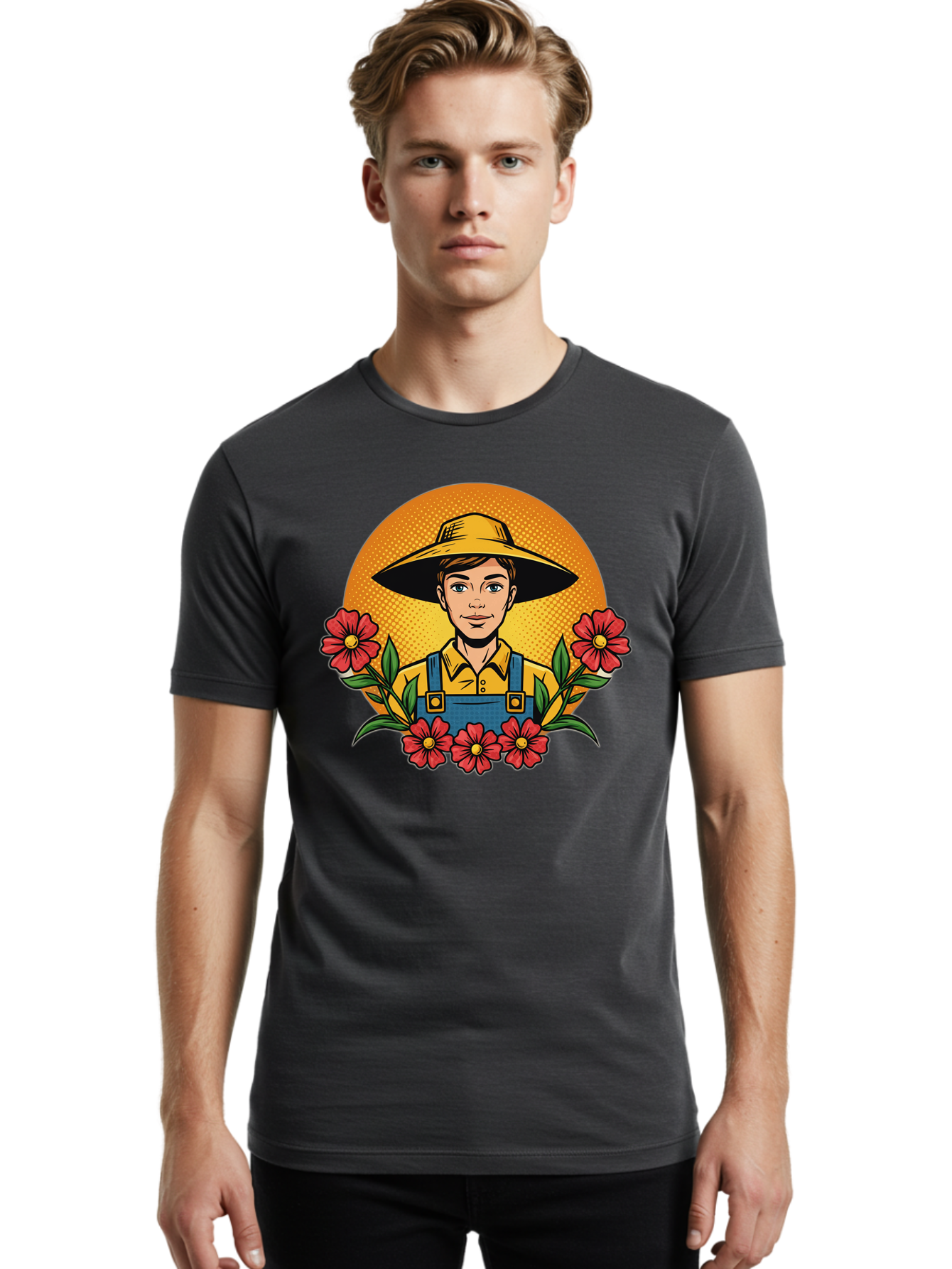 Farmer-With-Flowers Men'S Graphic Tee, 100% Cotton, Comfortable Casual Summer Wear, Machine Washable, Young Farmer, Gardening, Flowers, Floral Arrangement, Gardening Overall, Yellow Hat, Red Flowers, Gardening Illustration, Agricultural Theme, Baa661