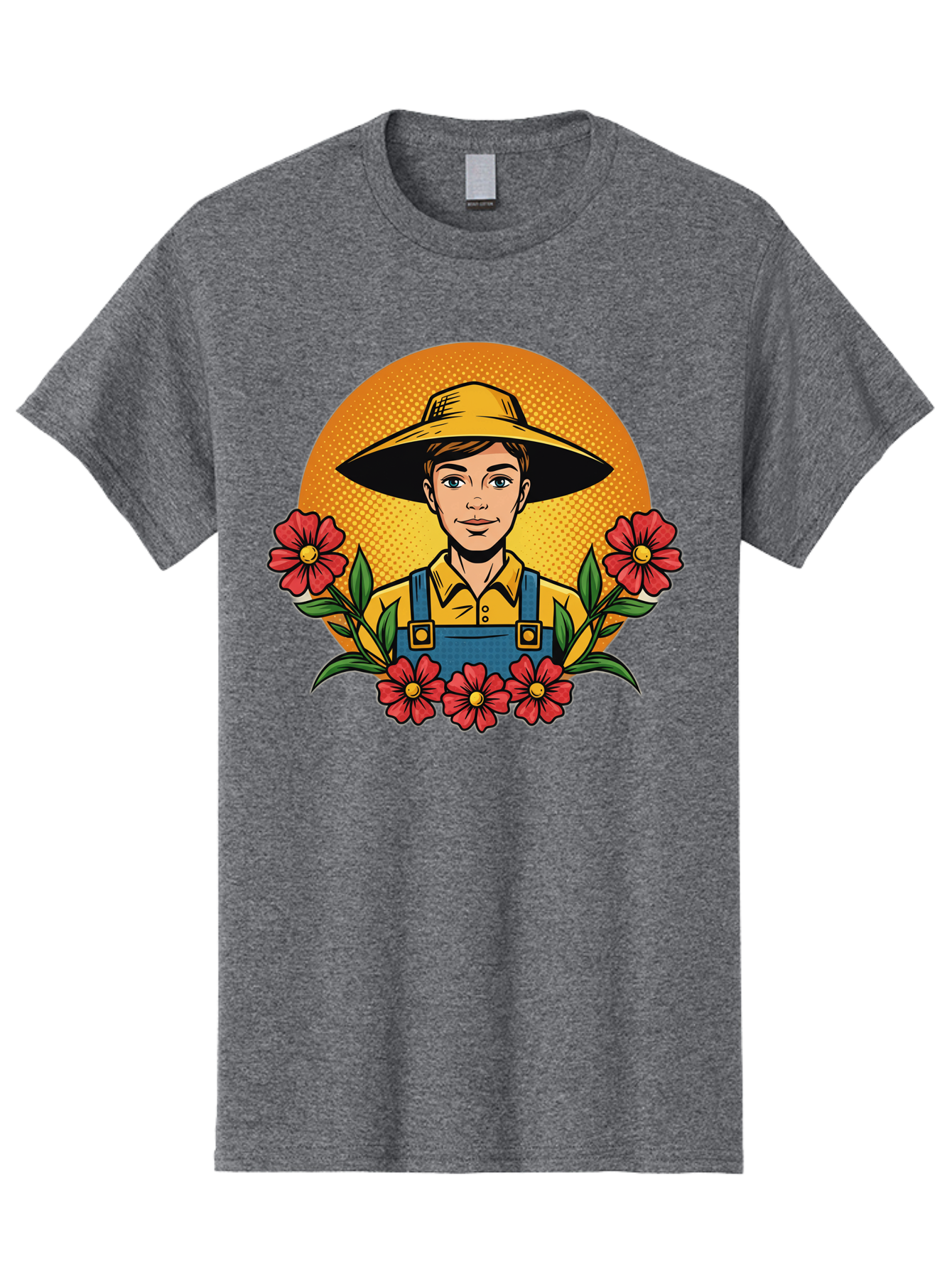 Farmer-With-Flowers Men'S Graphic Tee, 100% Cotton, Comfortable Casual Summer Wear, Machine Washable, Young Farmer, Gardening, Flowers, Floral Arrangement, Gardening Overall, Yellow Hat, Red Flowers, Gardening Illustration, Agricultural Theme, Baa661