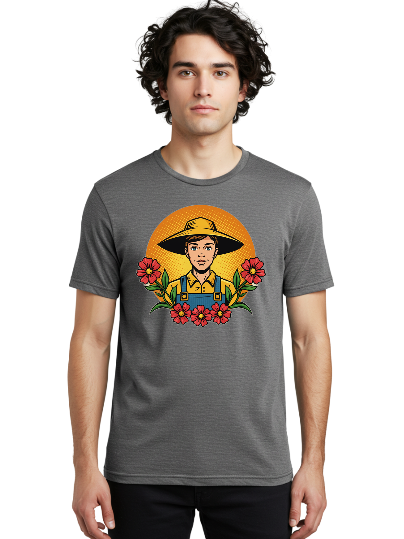 Farmer-With-Flowers Men'S Graphic Tee, 100% Cotton, Comfortable Casual Summer Wear, Machine Washable, Young Farmer, Gardening, Flowers, Floral Arrangement, Gardening Overall, Yellow Hat, Red Flowers, Gardening Illustration, Agricultural Theme, Baa661