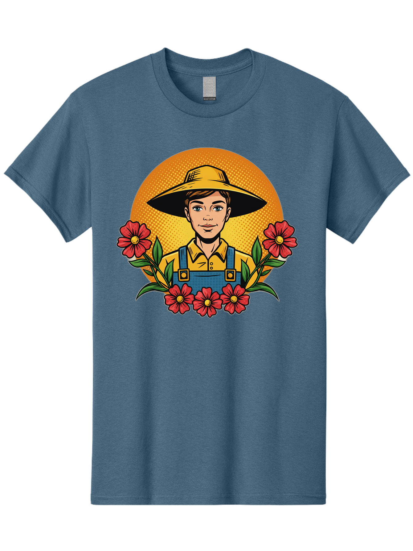 Farmer-With-Flowers Men'S Graphic Tee, 100% Cotton, Comfortable Casual Summer Wear, Machine Washable, Young Farmer, Gardening, Flowers, Floral Arrangement, Gardening Overall, Yellow Hat, Red Flowers, Gardening Illustration, Agricultural Theme, Baa661
