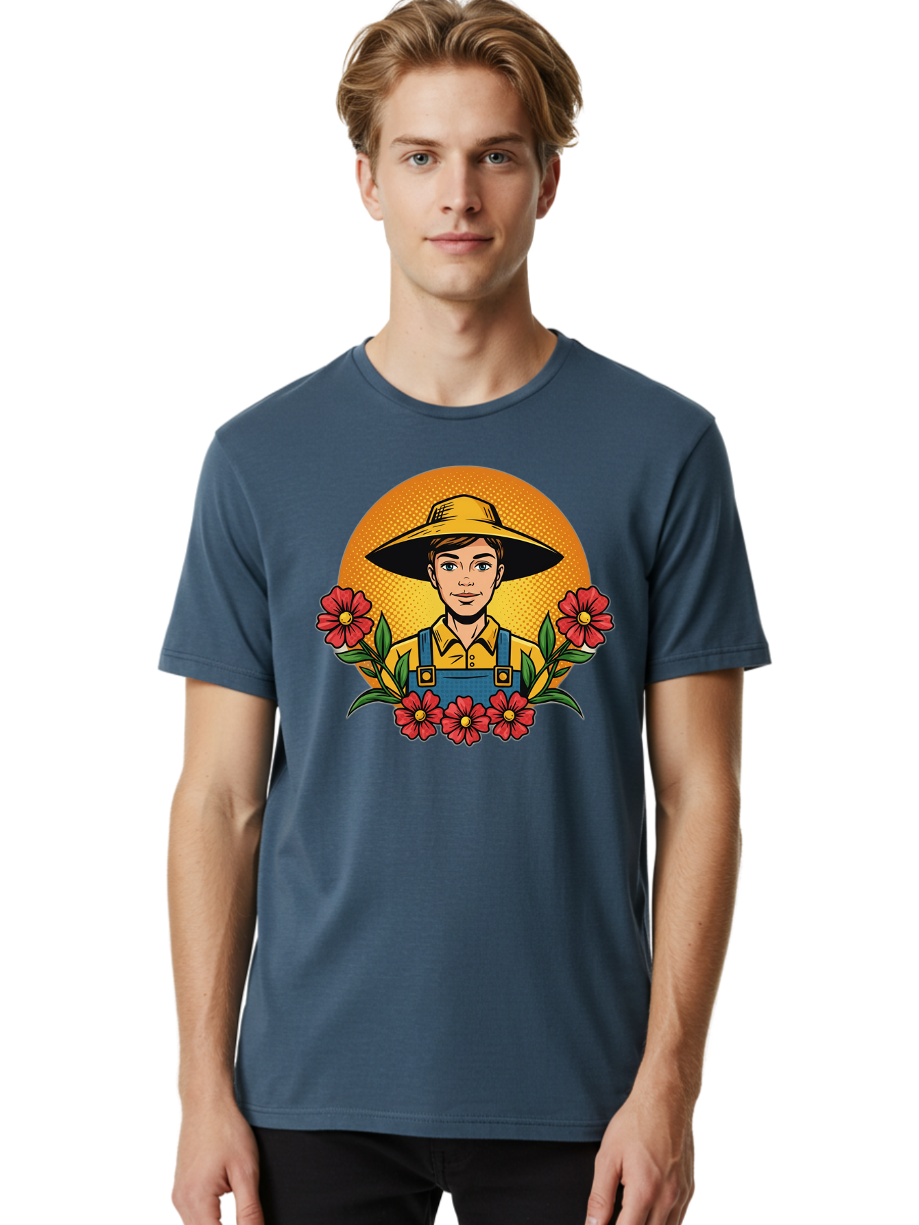 Farmer-With-Flowers Men'S Graphic Tee, 100% Cotton, Comfortable Casual Summer Wear, Machine Washable, Young Farmer, Gardening, Flowers, Floral Arrangement, Gardening Overall, Yellow Hat, Red Flowers, Gardening Illustration, Agricultural Theme, Baa661
