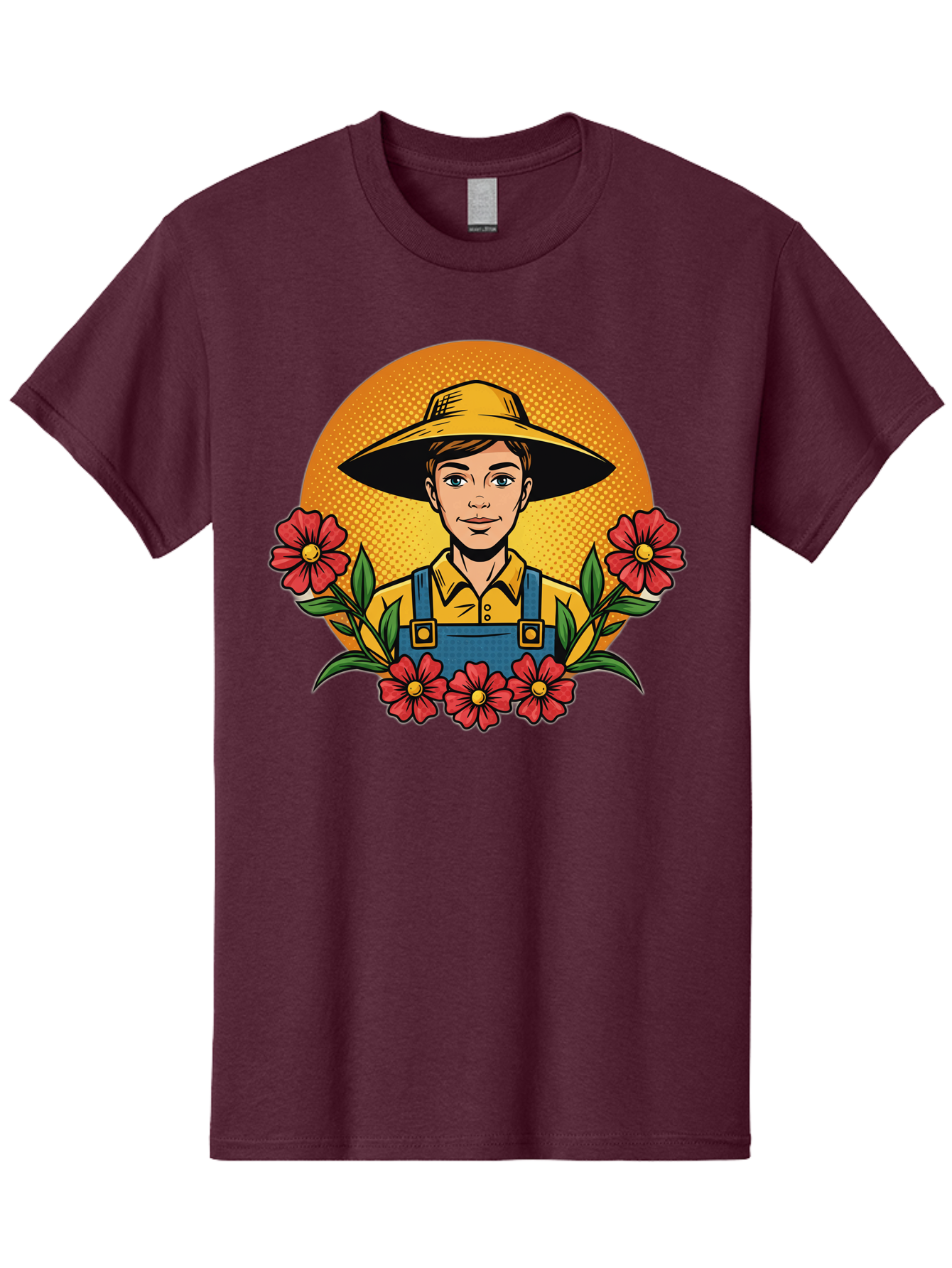 Farmer-With-Flowers Men'S Graphic Tee, 100% Cotton, Comfortable Casual Summer Wear, Machine Washable, Young Farmer, Gardening, Flowers, Floral Arrangement, Gardening Overall, Yellow Hat, Red Flowers, Gardening Illustration, Agricultural Theme, Baa661
