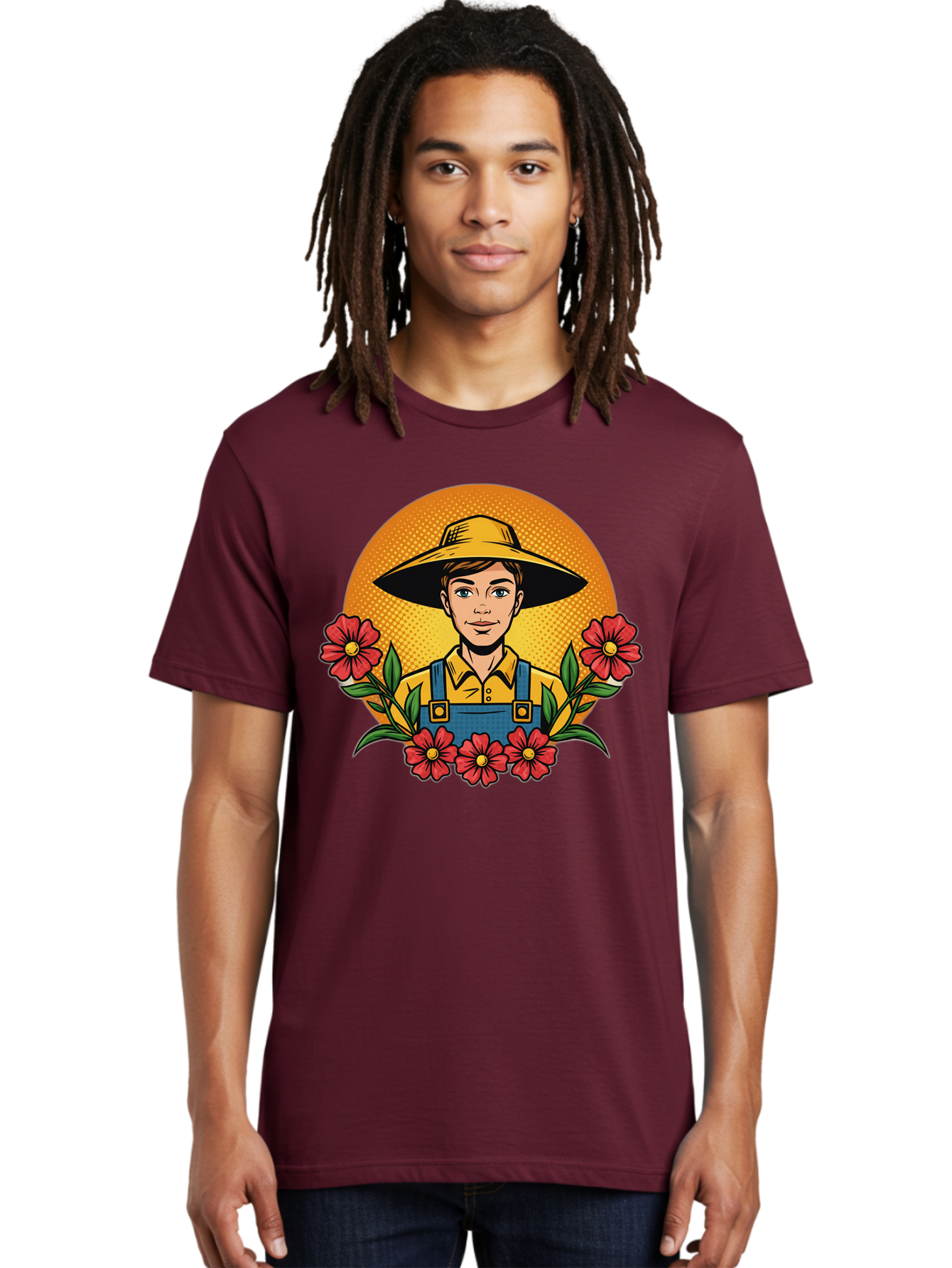Farmer-With-Flowers Men'S Graphic Tee, 100% Cotton, Comfortable Casual Summer Wear, Machine Washable, Young Farmer, Gardening, Flowers, Floral Arrangement, Gardening Overall, Yellow Hat, Red Flowers, Gardening Illustration, Agricultural Theme, Baa661