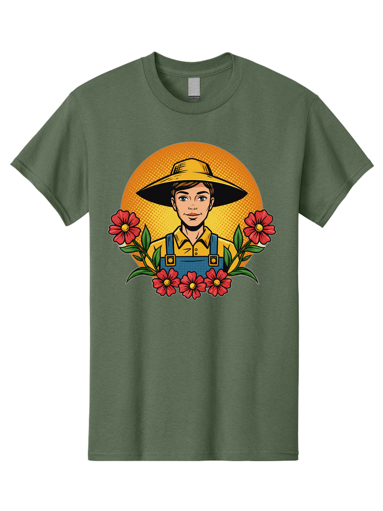 Farmer-With-Flowers Men'S Graphic Tee, 100% Cotton, Comfortable Casual Summer Wear, Machine Washable, Young Farmer, Gardening, Flowers, Floral Arrangement, Gardening Overall, Yellow Hat, Red Flowers, Gardening Illustration, Agricultural Theme, Baa661
