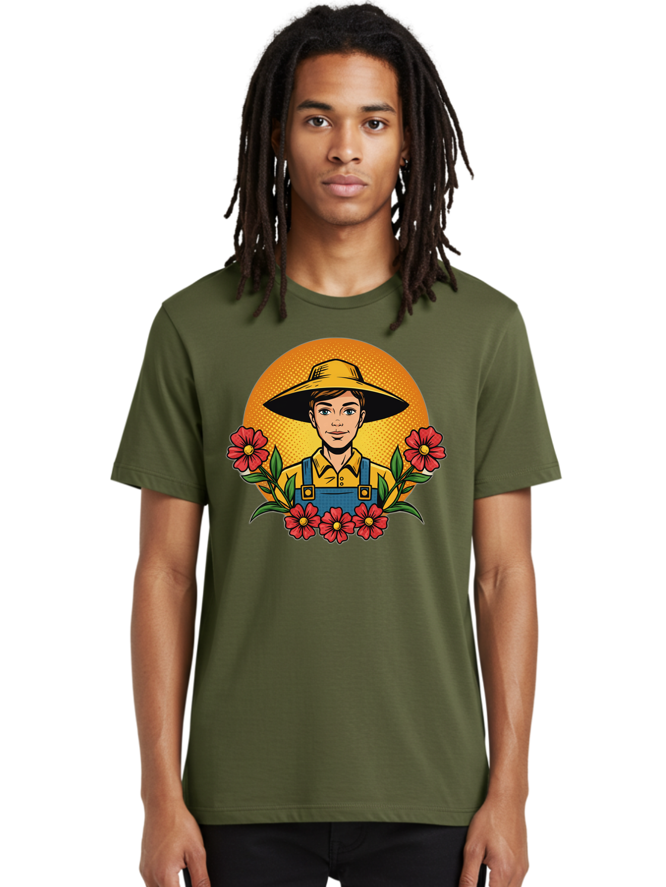 Farmer-With-Flowers Men'S Graphic Tee, 100% Cotton, Comfortable Casual Summer Wear, Machine Washable, Young Farmer, Gardening, Flowers, Floral Arrangement, Gardening Overall, Yellow Hat, Red Flowers, Gardening Illustration, Agricultural Theme, Baa661