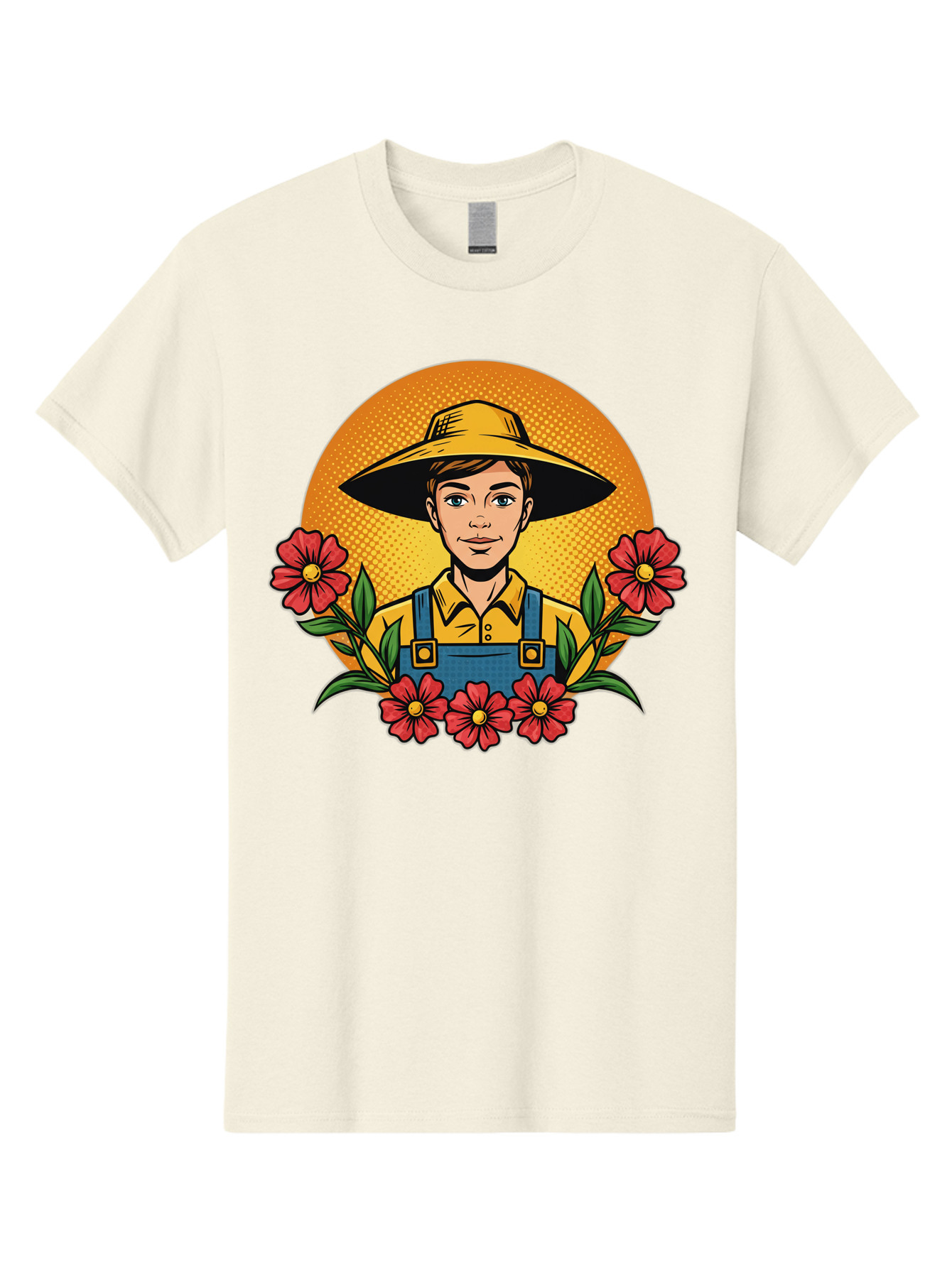 Farmer-With-Flowers Men'S Graphic Tee, 100% Cotton, Comfortable Casual Summer Wear, Machine Washable, Young Farmer, Gardening, Flowers, Floral Arrangement, Gardening Overall, Yellow Hat, Red Flowers, Gardening Illustration, Agricultural Theme, Baa661