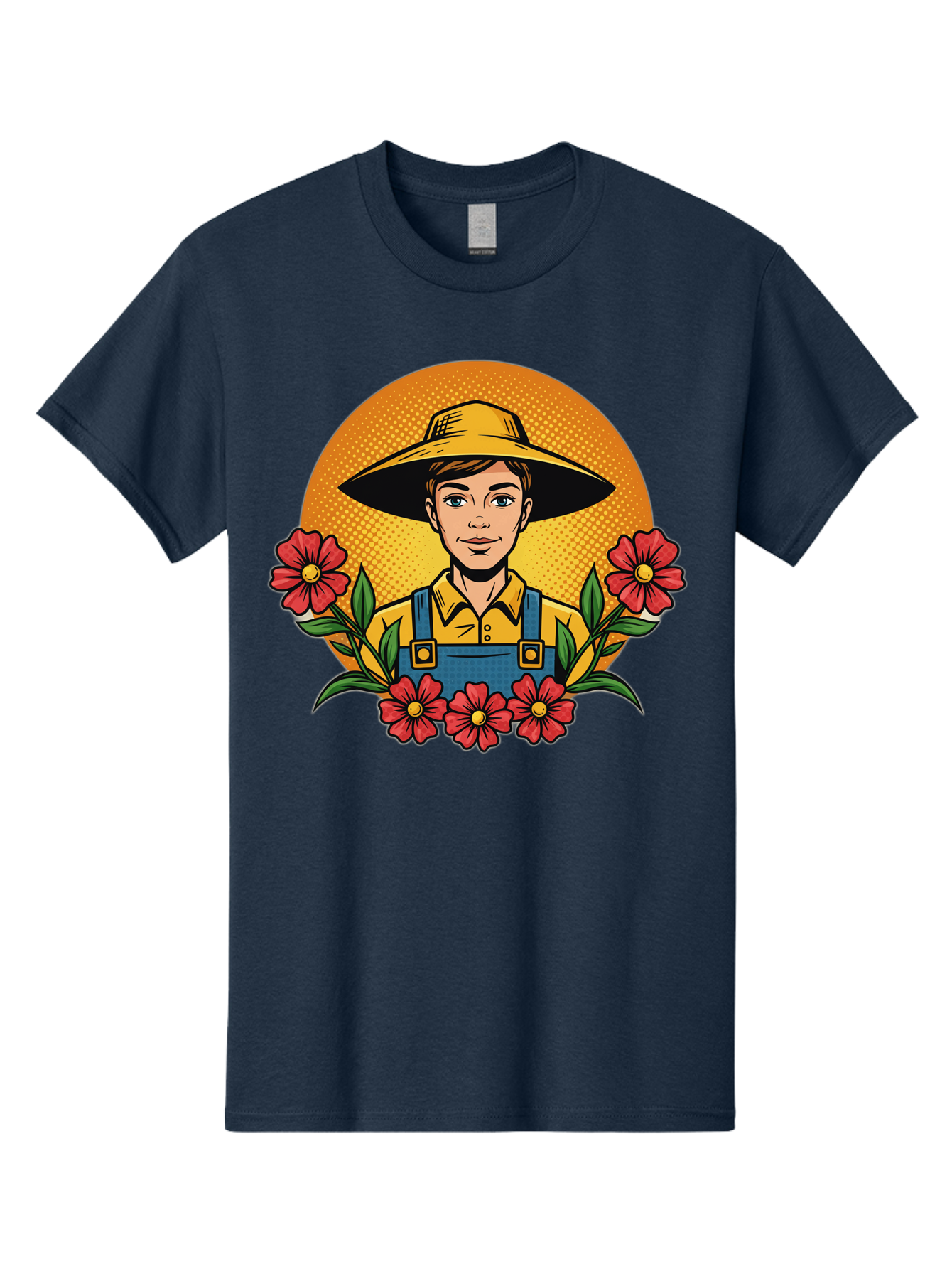 Farmer-With-Flowers Men'S Graphic Tee, 100% Cotton, Comfortable Casual Summer Wear, Machine Washable, Young Farmer, Gardening, Flowers, Floral Arrangement, Gardening Overall, Yellow Hat, Red Flowers, Gardening Illustration, Agricultural Theme, Baa661