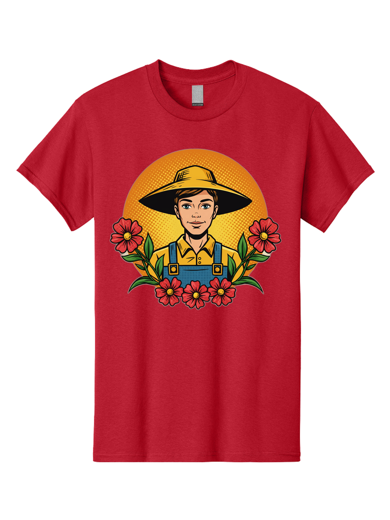 Farmer-With-Flowers Men'S Graphic Tee, 100% Cotton, Comfortable Casual Summer Wear, Machine Washable, Young Farmer, Gardening, Flowers, Floral Arrangement, Gardening Overall, Yellow Hat, Red Flowers, Gardening Illustration, Agricultural Theme, Baa661