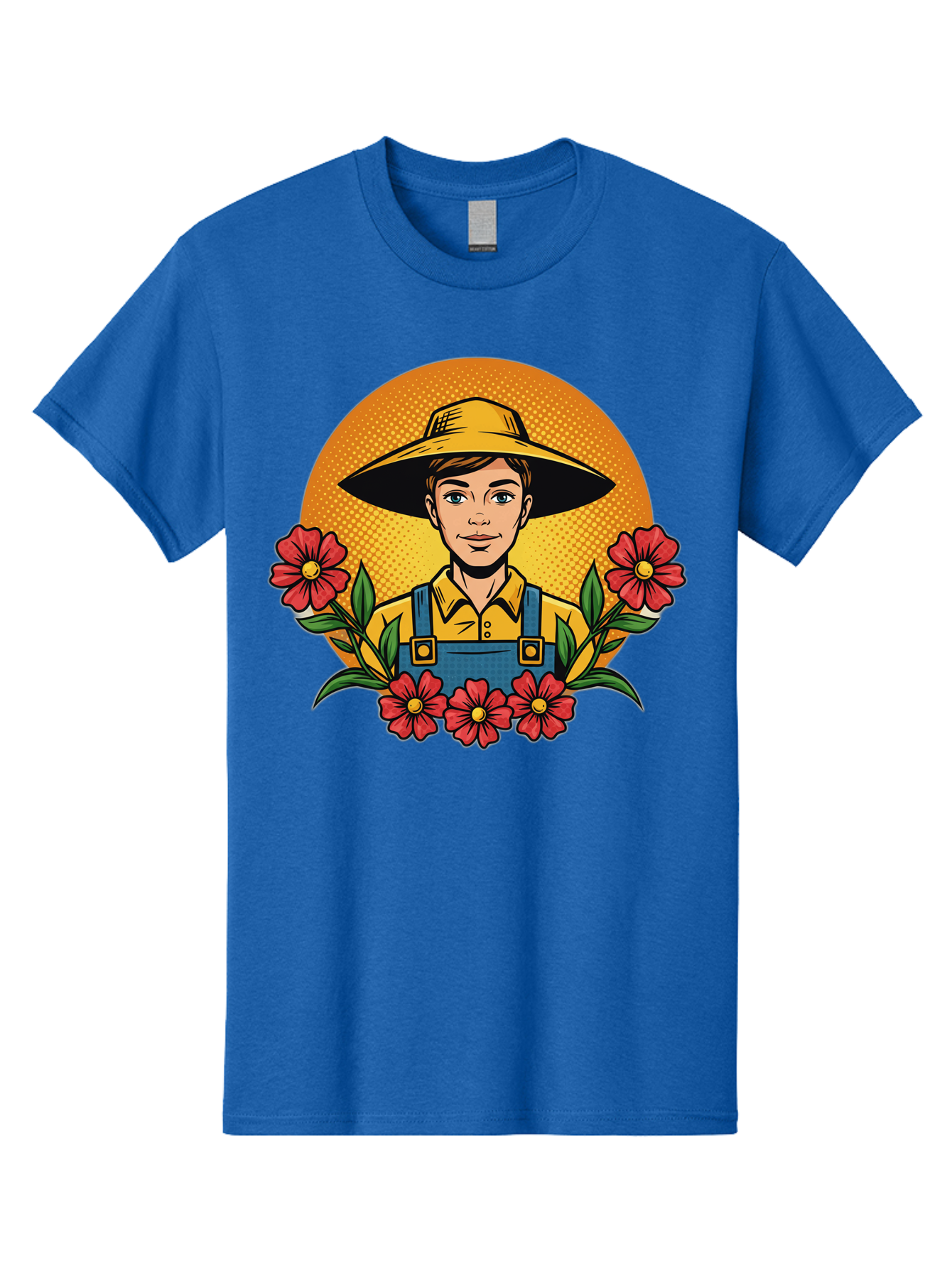Farmer-With-Flowers Men'S Graphic Tee, 100% Cotton, Comfortable Casual Summer Wear, Machine Washable, Young Farmer, Gardening, Flowers, Floral Arrangement, Gardening Overall, Yellow Hat, Red Flowers, Gardening Illustration, Agricultural Theme, Baa661