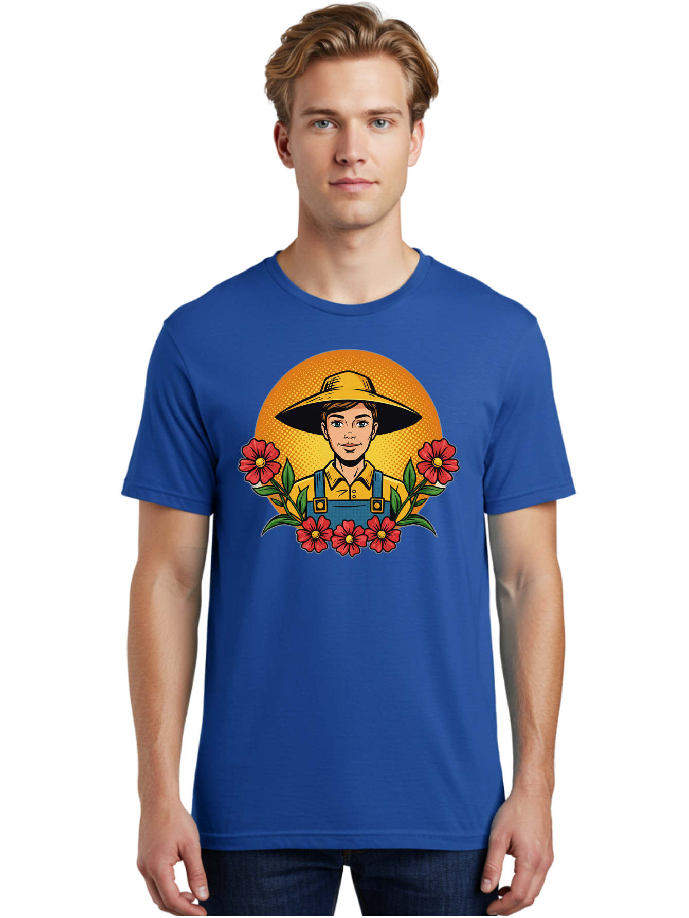 Farmer-With-Flowers Men'S Graphic Tee, 100% Cotton, Comfortable Casual Summer Wear, Machine Washable, Young Farmer, Gardening, Flowers, Floral Arrangement, Gardening Overall, Yellow Hat, Red Flowers, Gardening Illustration, Agricultural Theme, Baa661