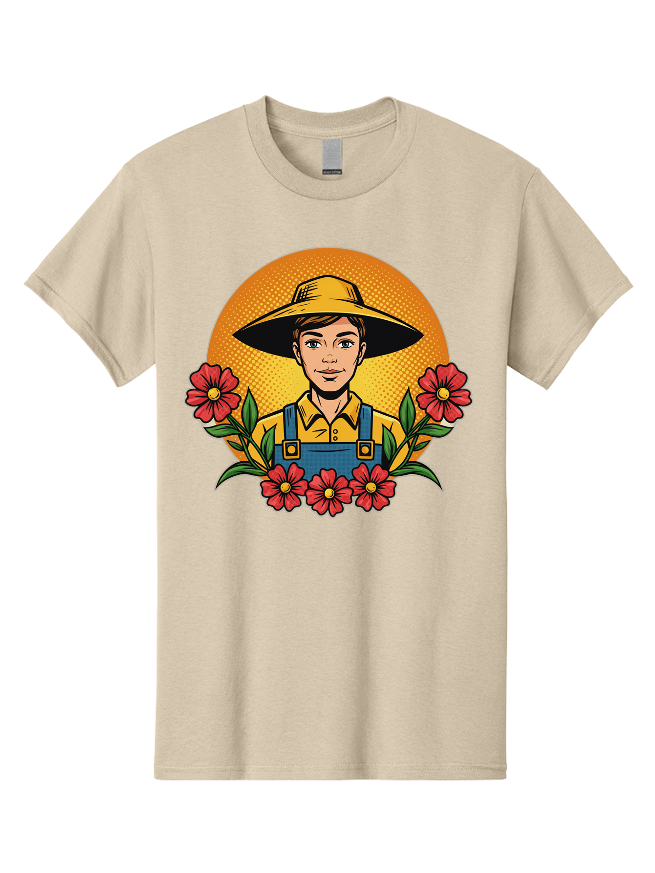 Farmer-With-Flowers Men'S Graphic Tee, 100% Cotton, Comfortable Casual Summer Wear, Machine Washable, Young Farmer, Gardening, Flowers, Floral Arrangement, Gardening Overall, Yellow Hat, Red Flowers, Gardening Illustration, Agricultural Theme, Baa661