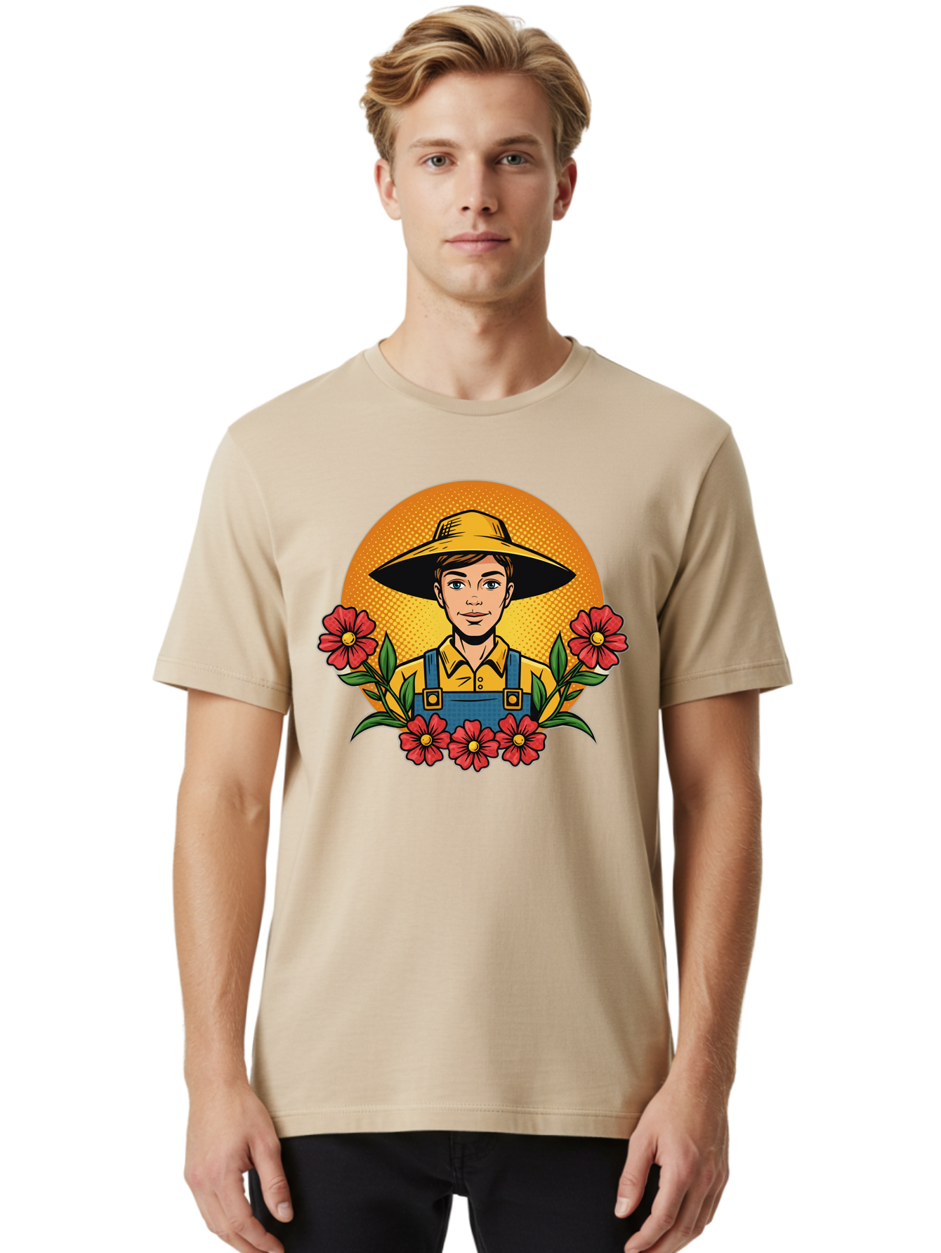 Farmer-With-Flowers Men'S Graphic Tee, 100% Cotton, Comfortable Casual Summer Wear, Machine Washable, Young Farmer, Gardening, Flowers, Floral Arrangement, Gardening Overall, Yellow Hat, Red Flowers, Gardening Illustration, Agricultural Theme, Baa661