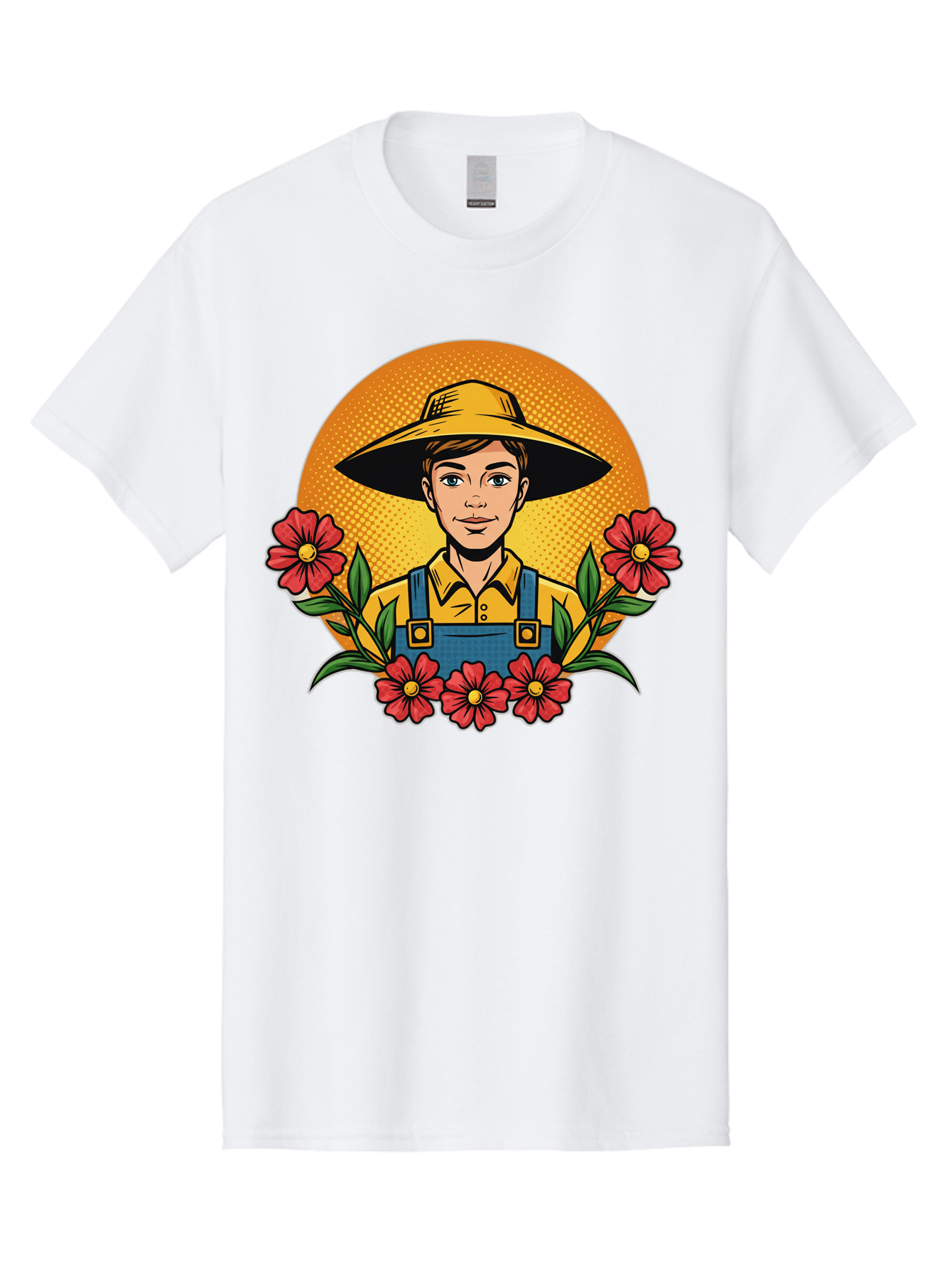 Farmer-With-Flowers Men'S Graphic Tee, 100% Cotton, Comfortable Casual Summer Wear, Machine Washable, Young Farmer, Gardening, Flowers, Floral Arrangement, Gardening Overall, Yellow Hat, Red Flowers, Gardening Illustration, Agricultural Theme, Baa661