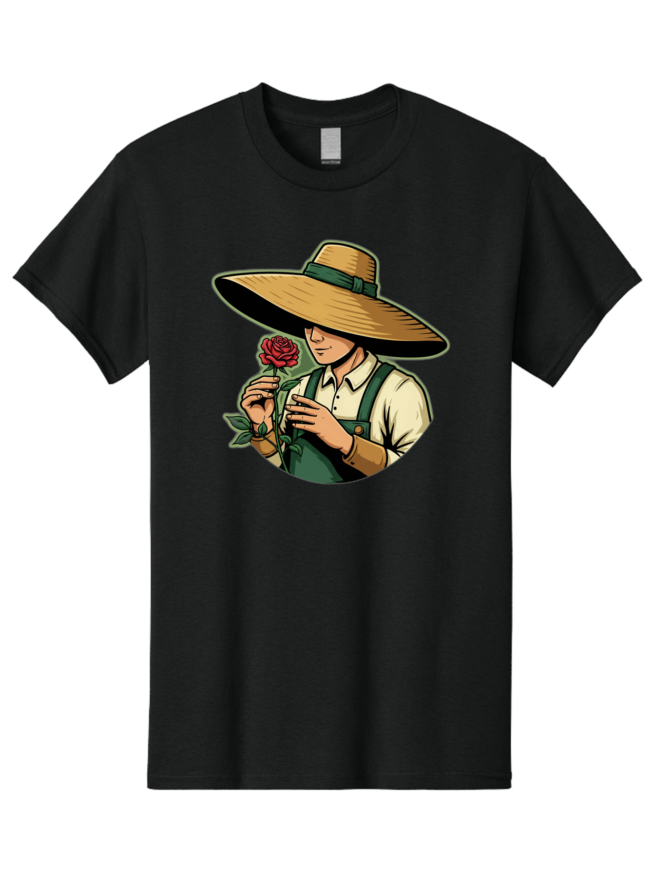 Farmer-With-Rose Men'S Graphic Tee, 100% Cotton, Comfortable Casual Summer Wear, Machine Washable, Gardener Holding Rose, Farmer With Flower, Straw Hat, Green Overall, Red Rose, Gardening, Nature Lover, Rustic Charm, Countryside Style Baa663
