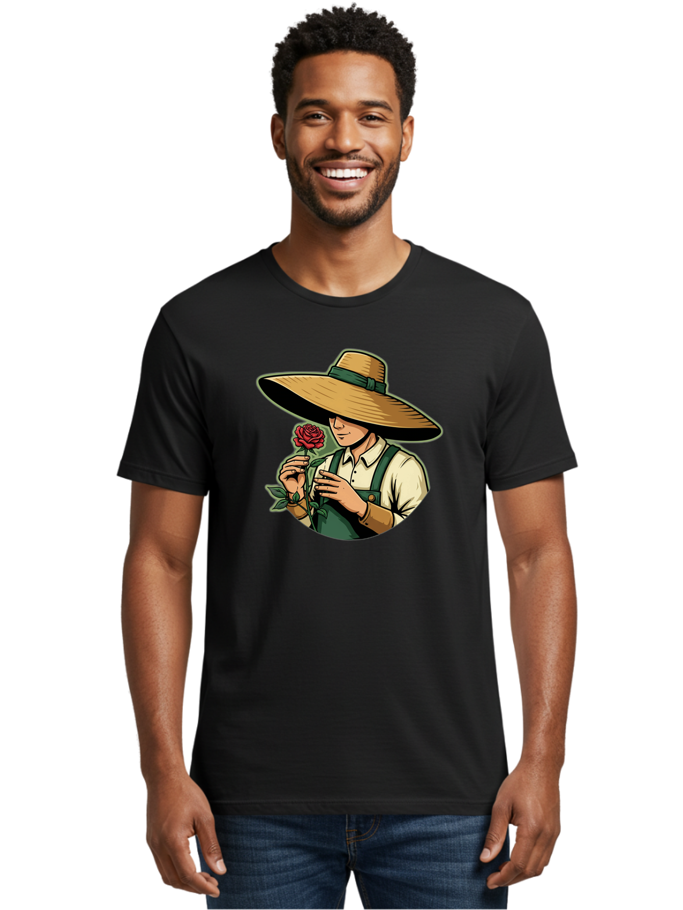 Farmer-With-Rose Men'S Graphic Tee, 100% Cotton, Comfortable Casual Summer Wear, Machine Washable, Gardener Holding Rose, Farmer With Flower, Straw Hat, Green Overall, Red Rose, Gardening, Nature Lover, Rustic Charm, Countryside Style Baa663