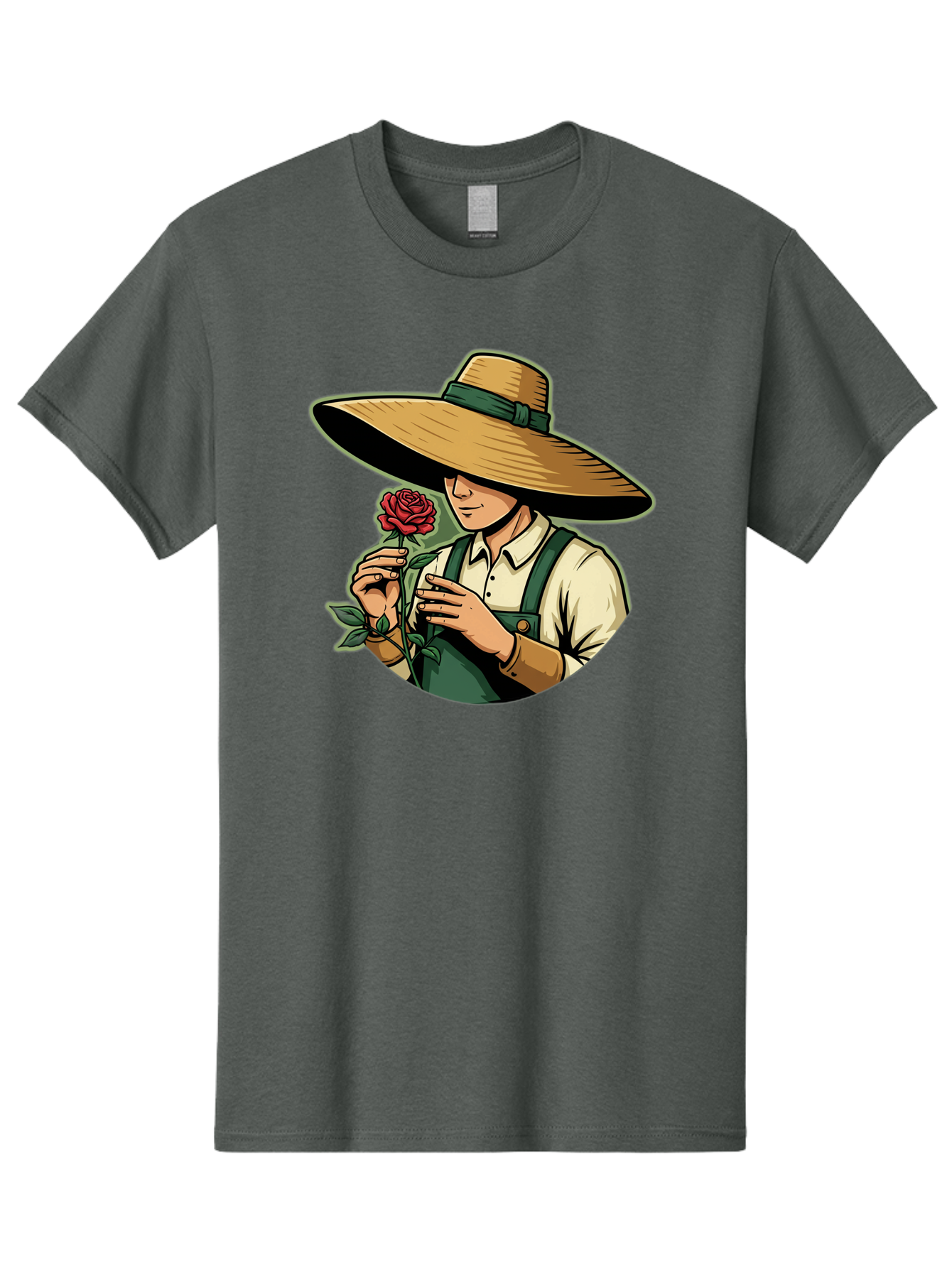 Farmer-With-Rose Men'S Graphic Tee, 100% Cotton, Comfortable Casual Summer Wear, Machine Washable, Gardener Holding Rose, Farmer With Flower, Straw Hat, Green Overall, Red Rose, Gardening, Nature Lover, Rustic Charm, Countryside Style Baa663