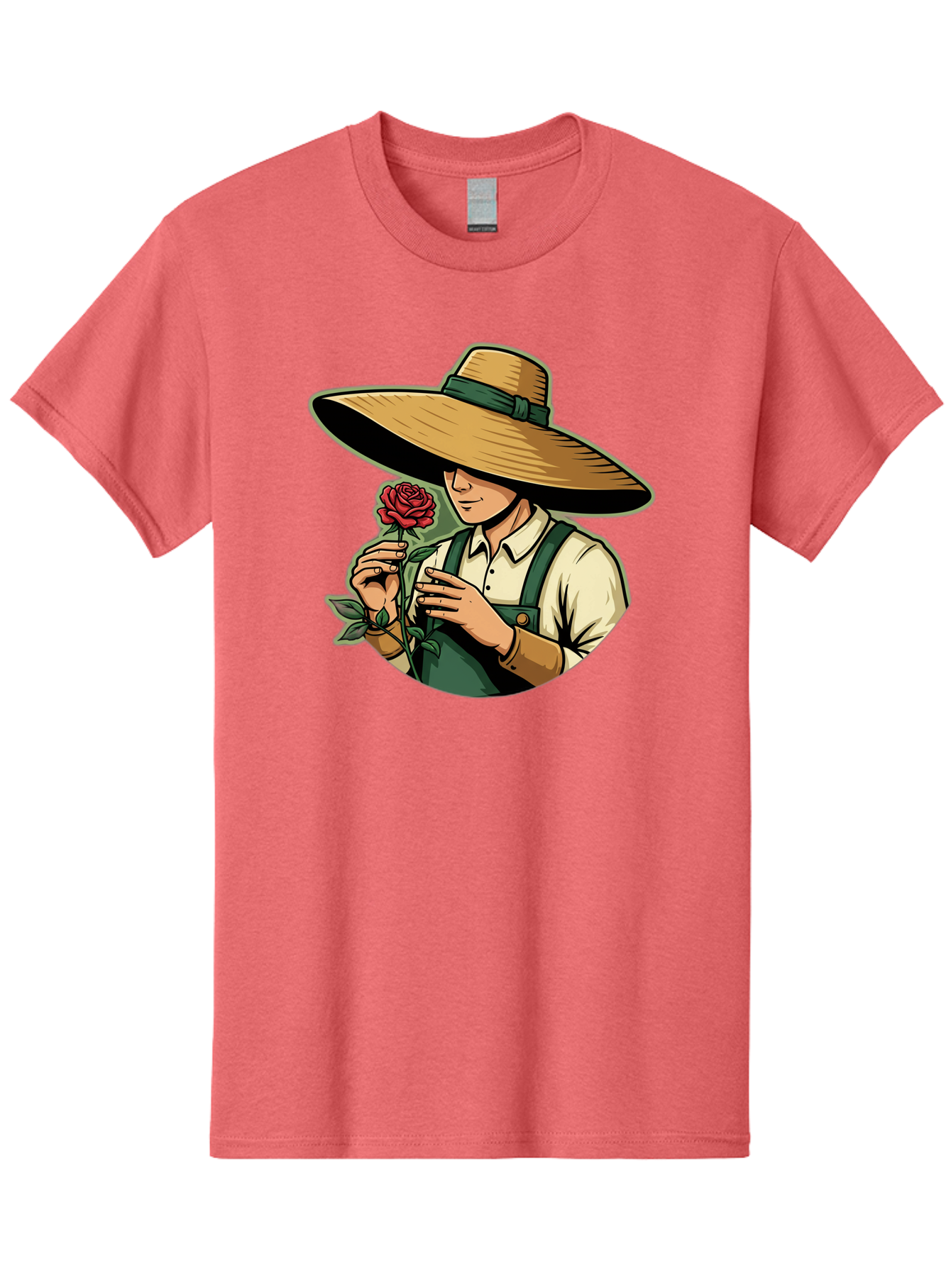 Farmer-With-Rose Men'S Graphic Tee, 100% Cotton, Comfortable Casual Summer Wear, Machine Washable, Gardener Holding Rose, Farmer With Flower, Straw Hat, Green Overall, Red Rose, Gardening, Nature Lover, Rustic Charm, Countryside Style Baa663