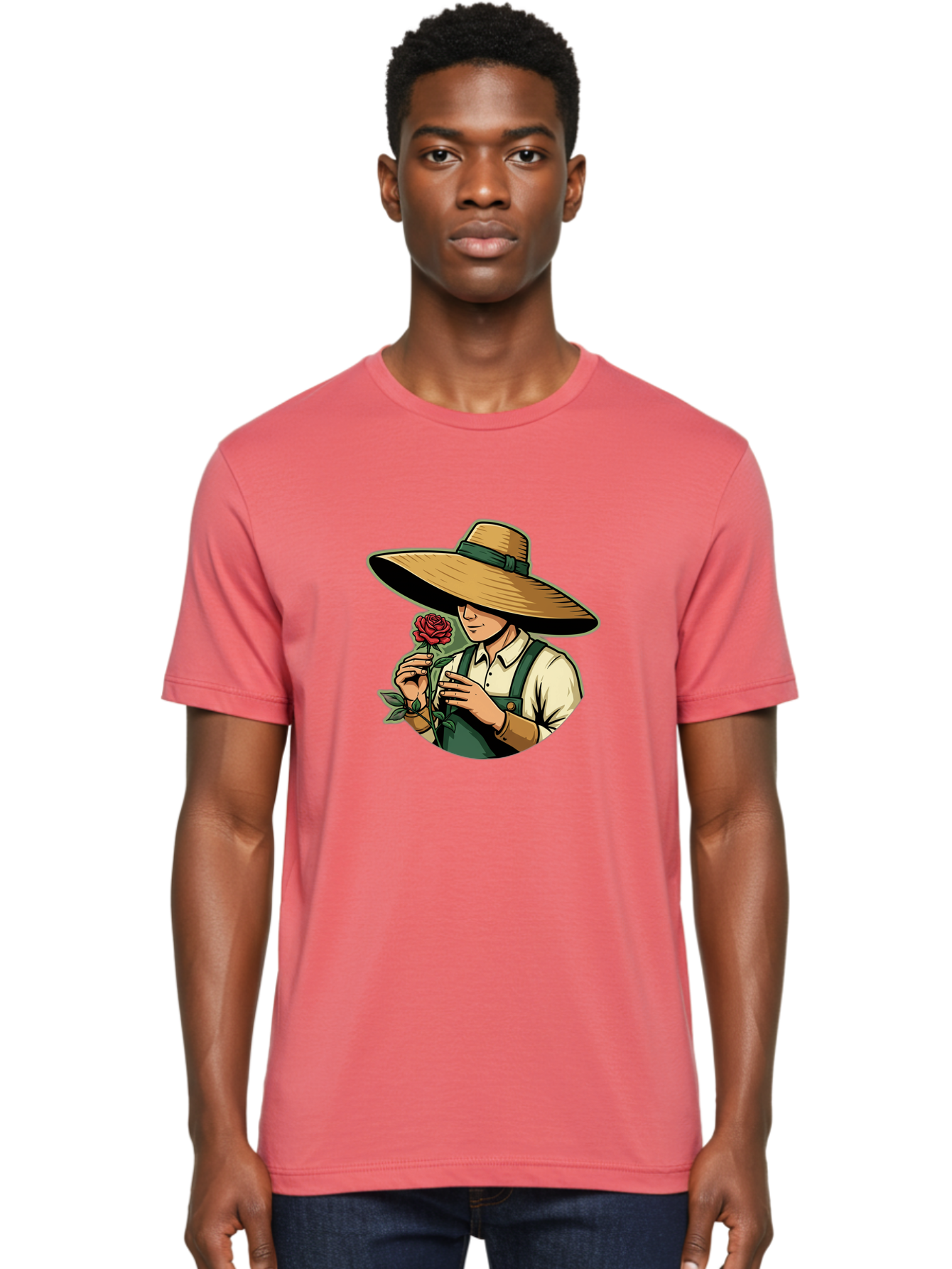 Farmer-With-Rose Men'S Graphic Tee, 100% Cotton, Comfortable Casual Summer Wear, Machine Washable, Gardener Holding Rose, Farmer With Flower, Straw Hat, Green Overall, Red Rose, Gardening, Nature Lover, Rustic Charm, Countryside Style Baa663
