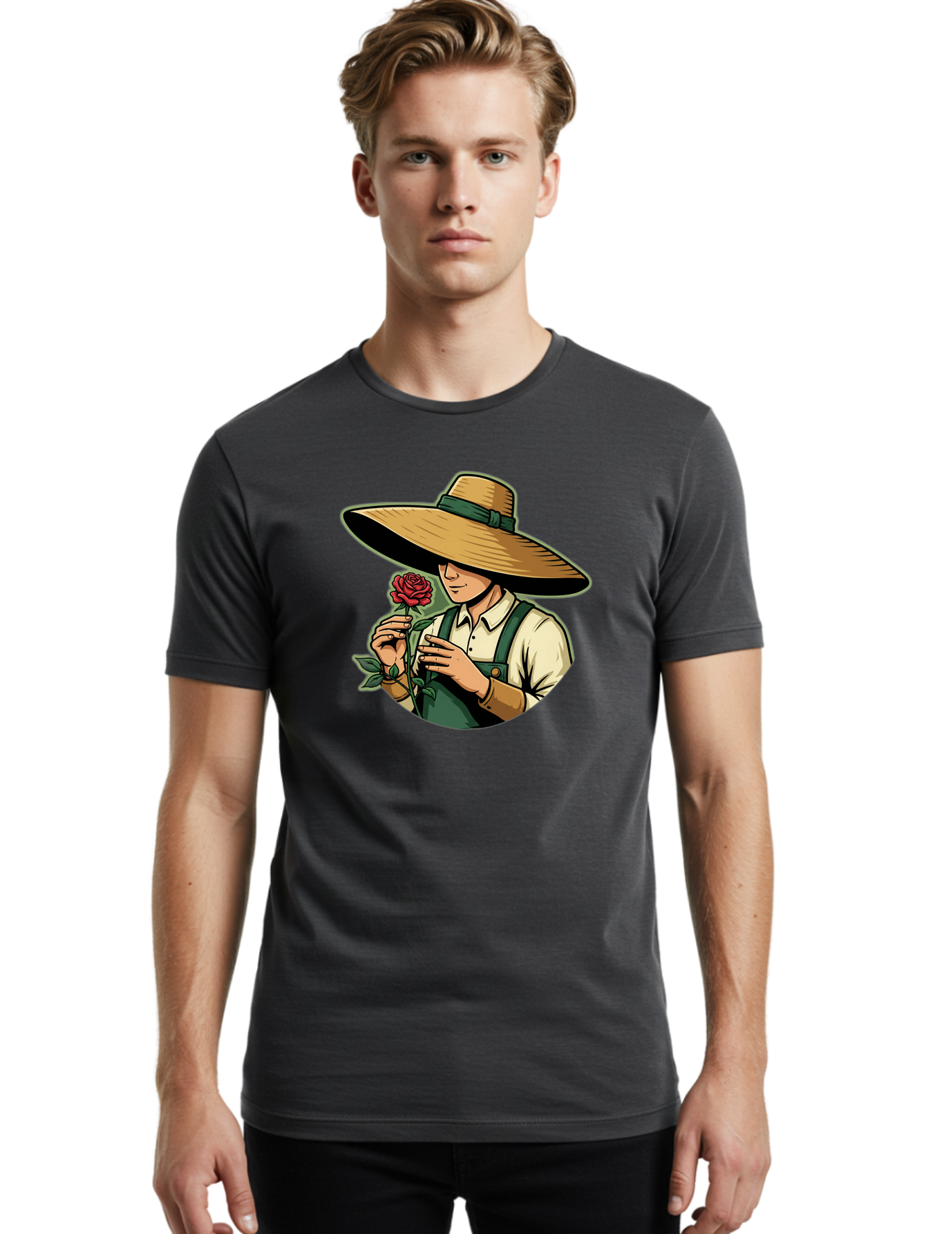 Farmer-With-Rose Men'S Graphic Tee, 100% Cotton, Comfortable Casual Summer Wear, Machine Washable, Gardener Holding Rose, Farmer With Flower, Straw Hat, Green Overall, Red Rose, Gardening, Nature Lover, Rustic Charm, Countryside Style Baa663