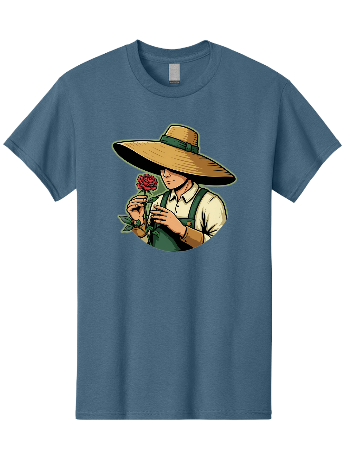 Farmer-With-Rose Men'S Graphic Tee, 100% Cotton, Comfortable Casual Summer Wear, Machine Washable, Gardener Holding Rose, Farmer With Flower, Straw Hat, Green Overall, Red Rose, Gardening, Nature Lover, Rustic Charm, Countryside Style Baa663