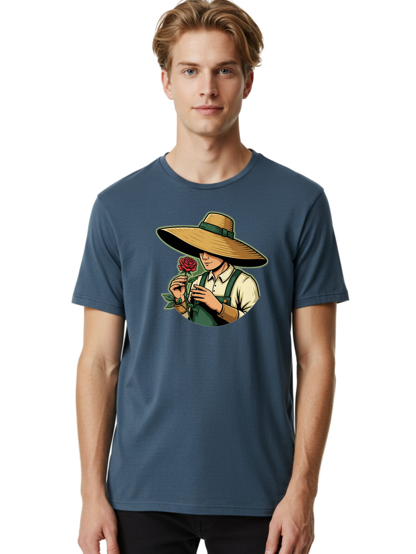Farmer-With-Rose Men'S Graphic Tee, 100% Cotton, Comfortable Casual Summer Wear, Machine Washable, Gardener Holding Rose, Farmer With Flower, Straw Hat, Green Overall, Red Rose, Gardening, Nature Lover, Rustic Charm, Countryside Style Baa663