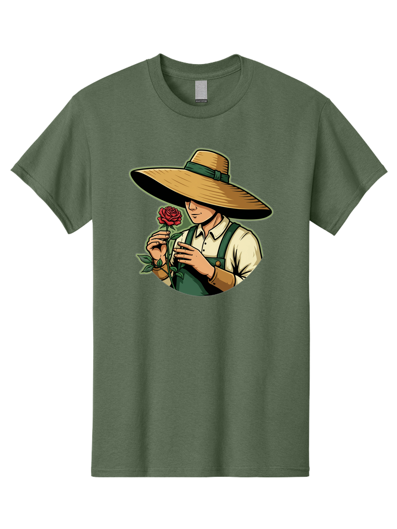 Farmer-With-Rose Men'S Graphic Tee, 100% Cotton, Comfortable Casual Summer Wear, Machine Washable, Gardener Holding Rose, Farmer With Flower, Straw Hat, Green Overall, Red Rose, Gardening, Nature Lover, Rustic Charm, Countryside Style Baa663