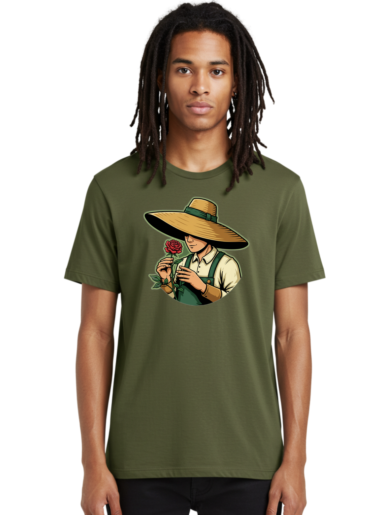 Farmer-With-Rose Men'S Graphic Tee, 100% Cotton, Comfortable Casual Summer Wear, Machine Washable, Gardener Holding Rose, Farmer With Flower, Straw Hat, Green Overall, Red Rose, Gardening, Nature Lover, Rustic Charm, Countryside Style Baa663