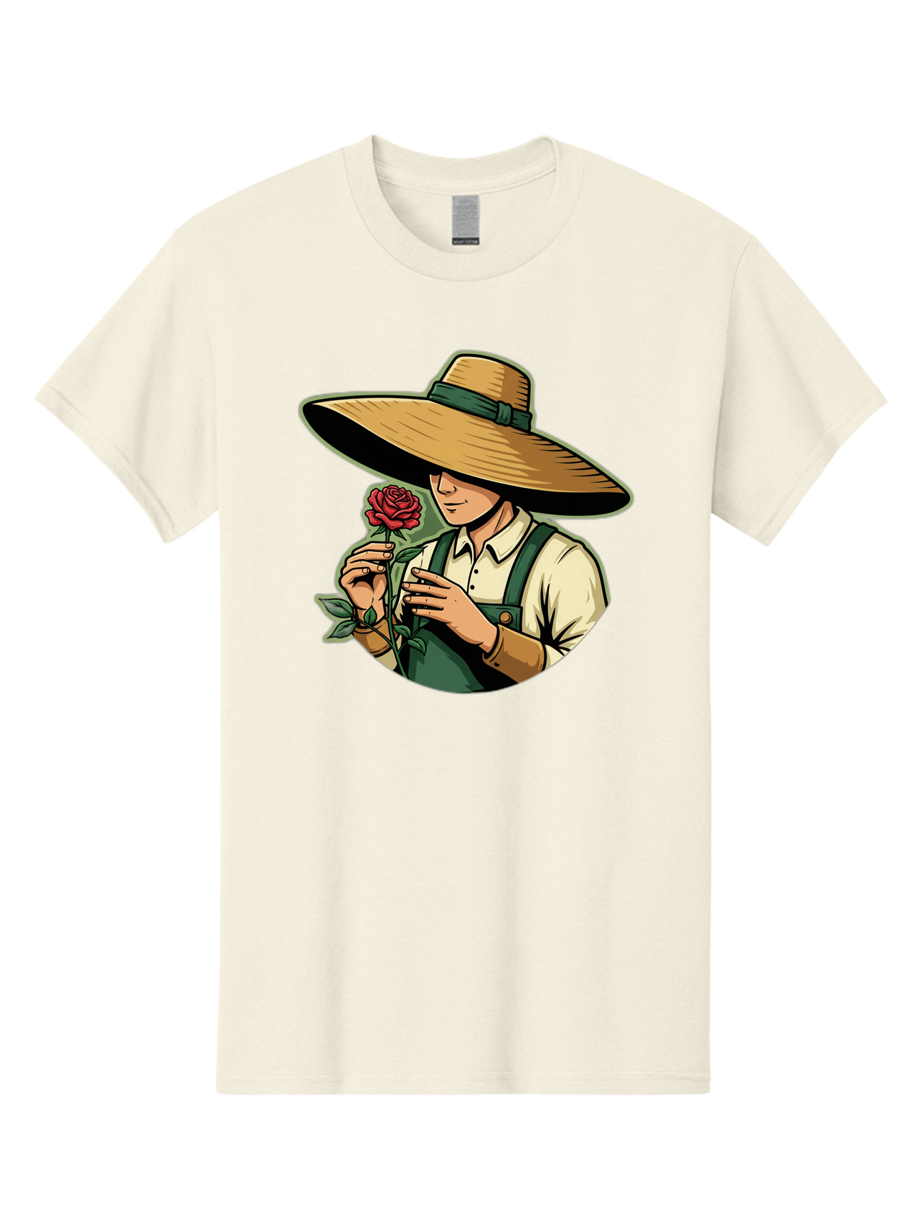 Farmer-With-Rose Men'S Graphic Tee, 100% Cotton, Comfortable Casual Summer Wear, Machine Washable, Gardener Holding Rose, Farmer With Flower, Straw Hat, Green Overall, Red Rose, Gardening, Nature Lover, Rustic Charm, Countryside Style Baa663