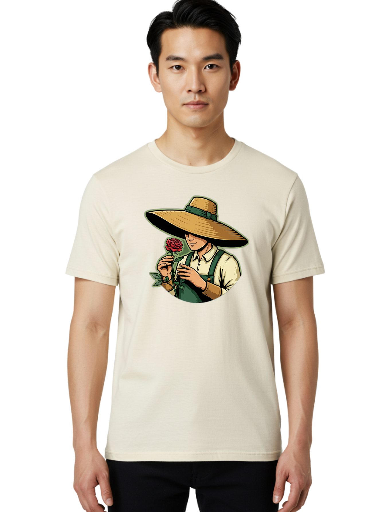 Farmer-With-Rose Men'S Graphic Tee, 100% Cotton, Comfortable Casual Summer Wear, Machine Washable, Gardener Holding Rose, Farmer With Flower, Straw Hat, Green Overall, Red Rose, Gardening, Nature Lover, Rustic Charm, Countryside Style Baa663