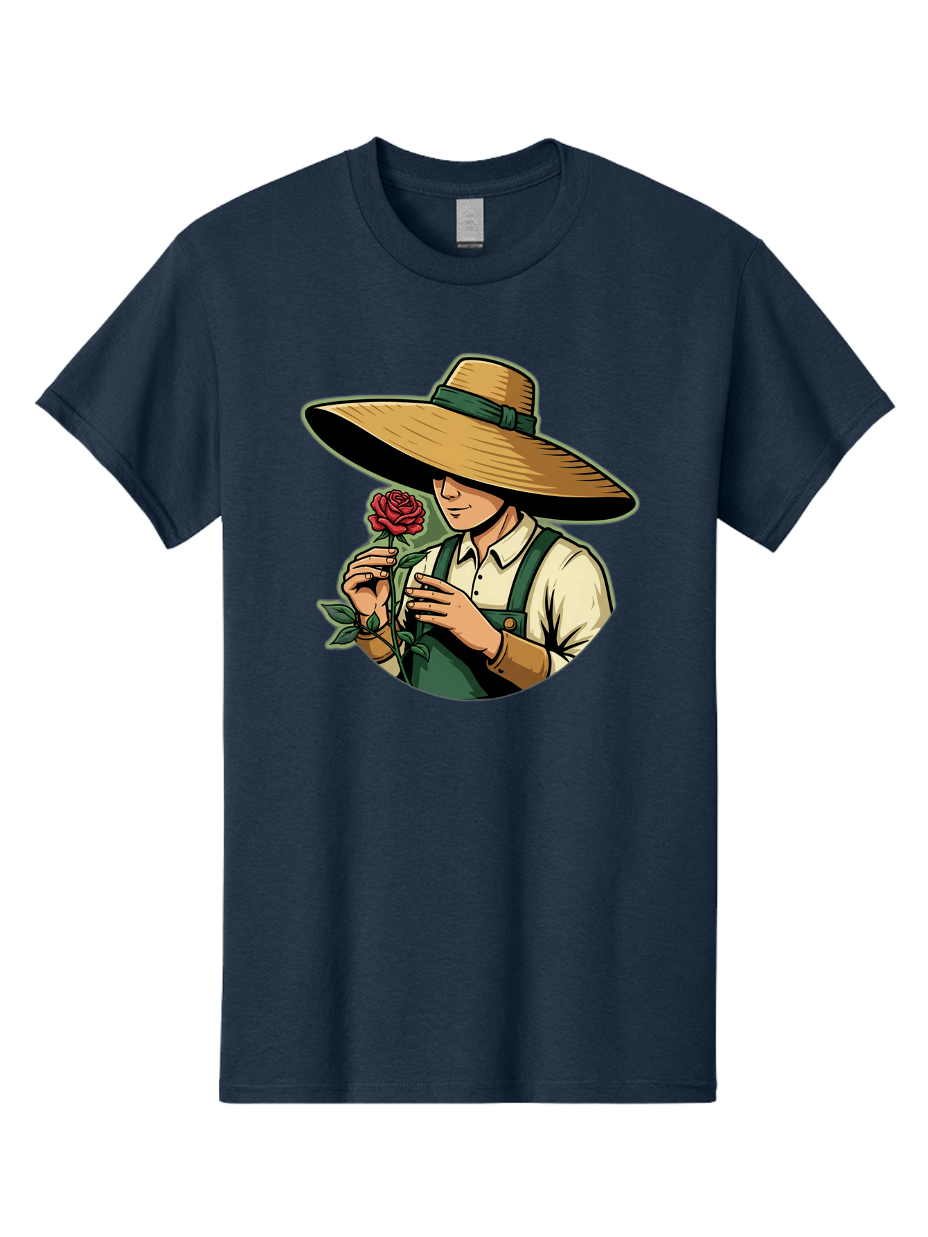 Farmer-With-Rose Men'S Graphic Tee, 100% Cotton, Comfortable Casual Summer Wear, Machine Washable, Gardener Holding Rose, Farmer With Flower, Straw Hat, Green Overall, Red Rose, Gardening, Nature Lover, Rustic Charm, Countryside Style Baa663