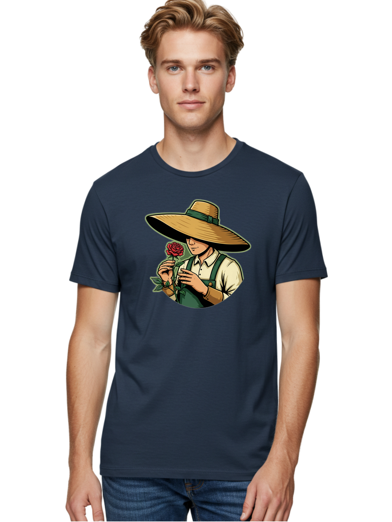 Farmer-With-Rose Men'S Graphic Tee, 100% Cotton, Comfortable Casual Summer Wear, Machine Washable, Gardener Holding Rose, Farmer With Flower, Straw Hat, Green Overall, Red Rose, Gardening, Nature Lover, Rustic Charm, Countryside Style Baa663