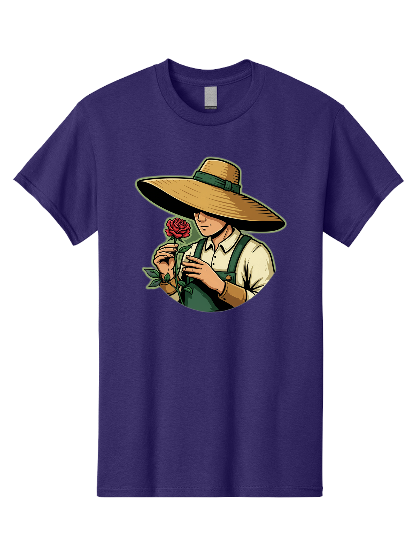 Farmer-With-Rose Men'S Graphic Tee, 100% Cotton, Comfortable Casual Summer Wear, Machine Washable, Gardener Holding Rose, Farmer With Flower, Straw Hat, Green Overall, Red Rose, Gardening, Nature Lover, Rustic Charm, Countryside Style Baa663