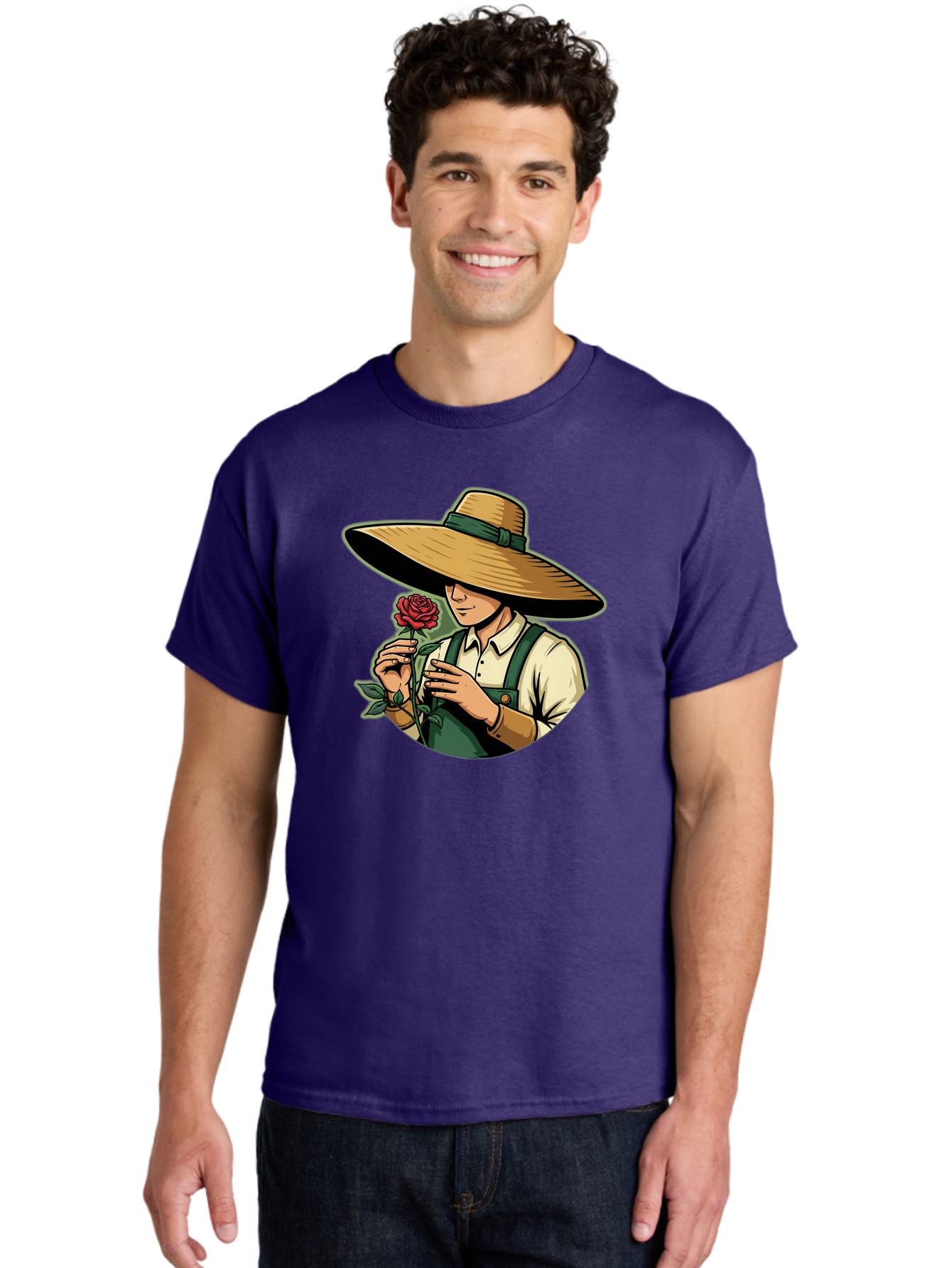 Farmer-With-Rose Men'S Graphic Tee, 100% Cotton, Comfortable Casual Summer Wear, Machine Washable, Gardener Holding Rose, Farmer With Flower, Straw Hat, Green Overall, Red Rose, Gardening, Nature Lover, Rustic Charm, Countryside Style Baa663