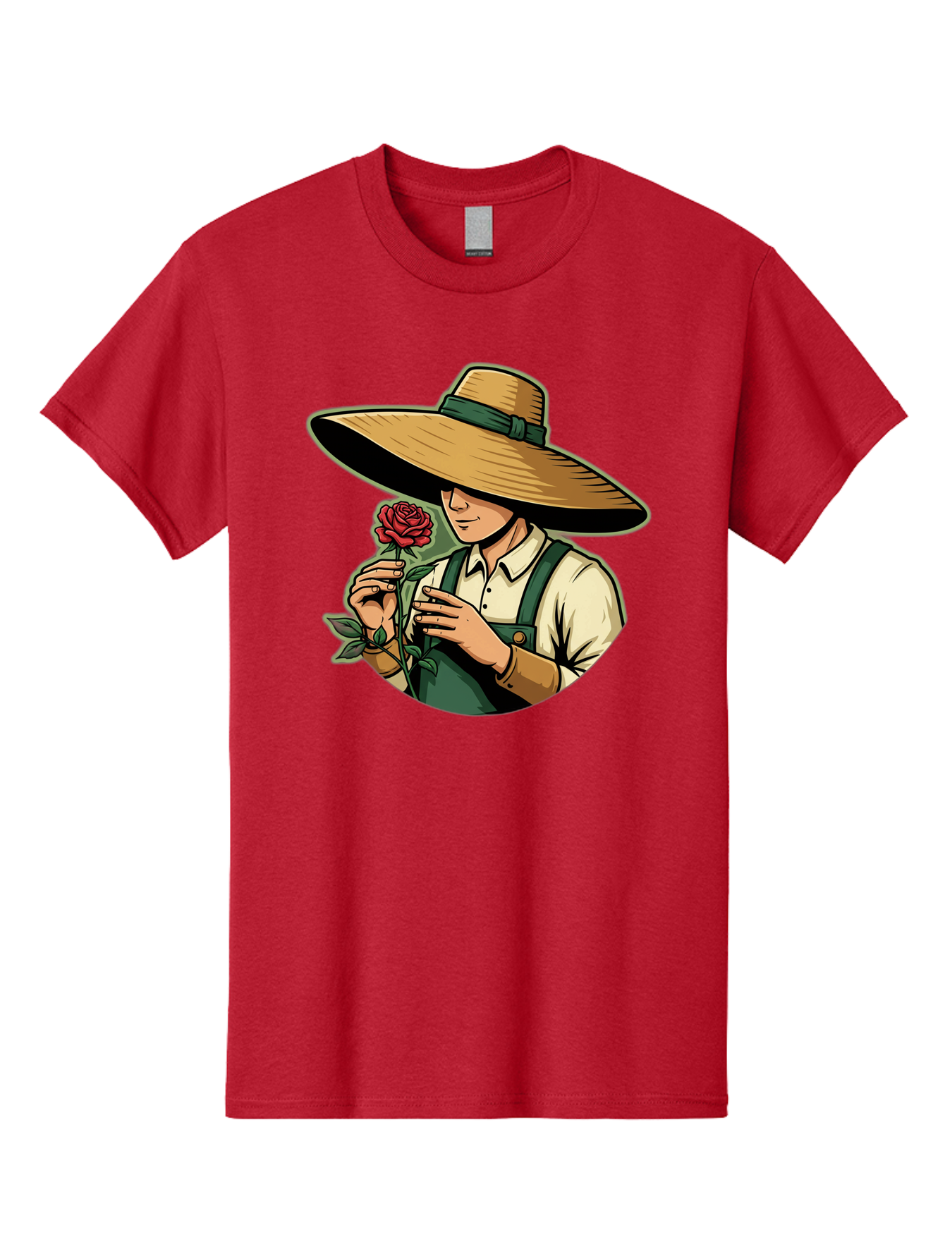 Farmer-With-Rose Men'S Graphic Tee, 100% Cotton, Comfortable Casual Summer Wear, Machine Washable, Gardener Holding Rose, Farmer With Flower, Straw Hat, Green Overall, Red Rose, Gardening, Nature Lover, Rustic Charm, Countryside Style Baa663