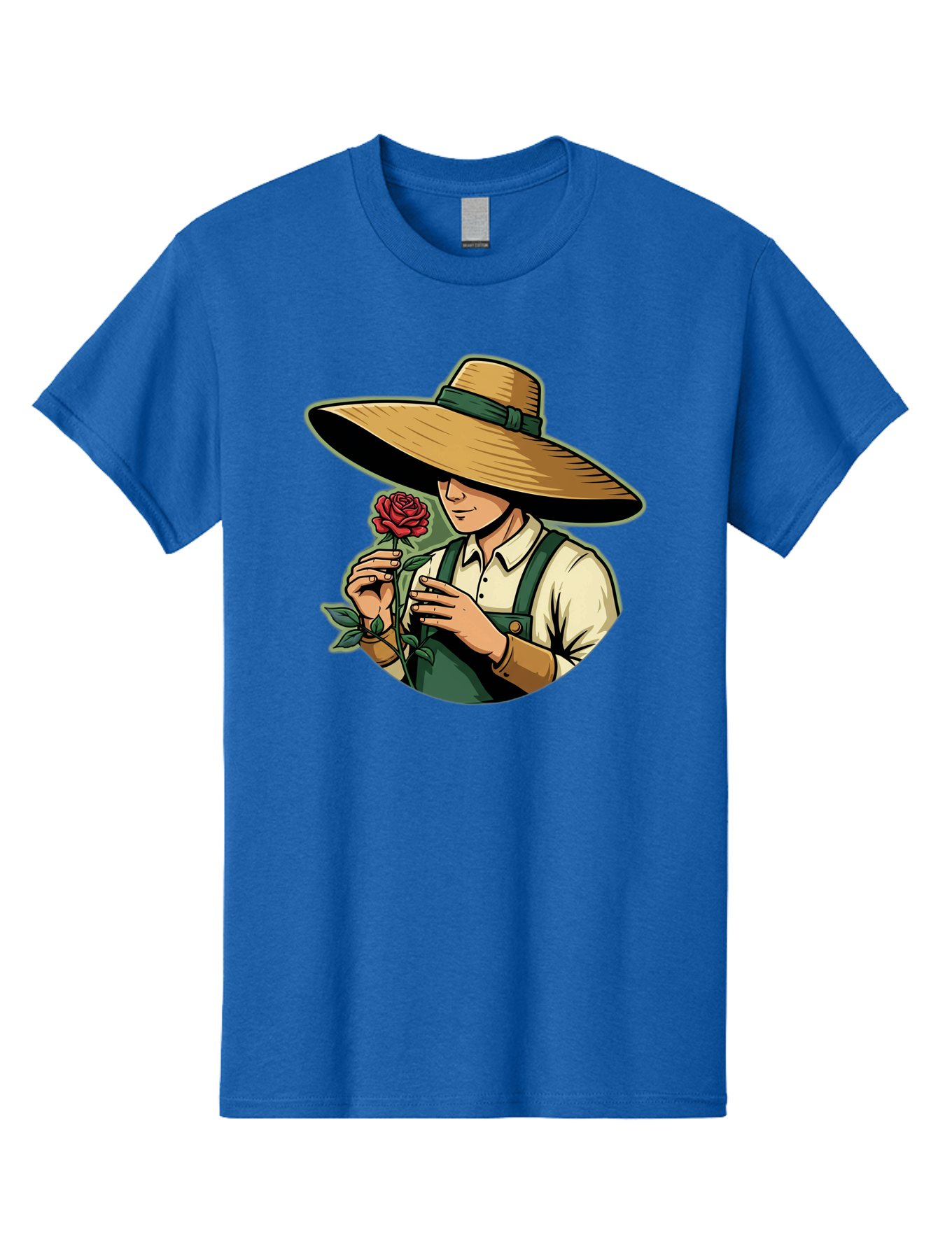 Farmer-With-Rose Men'S Graphic Tee, 100% Cotton, Comfortable Casual Summer Wear, Machine Washable, Gardener Holding Rose, Farmer With Flower, Straw Hat, Green Overall, Red Rose, Gardening, Nature Lover, Rustic Charm, Countryside Style Baa663