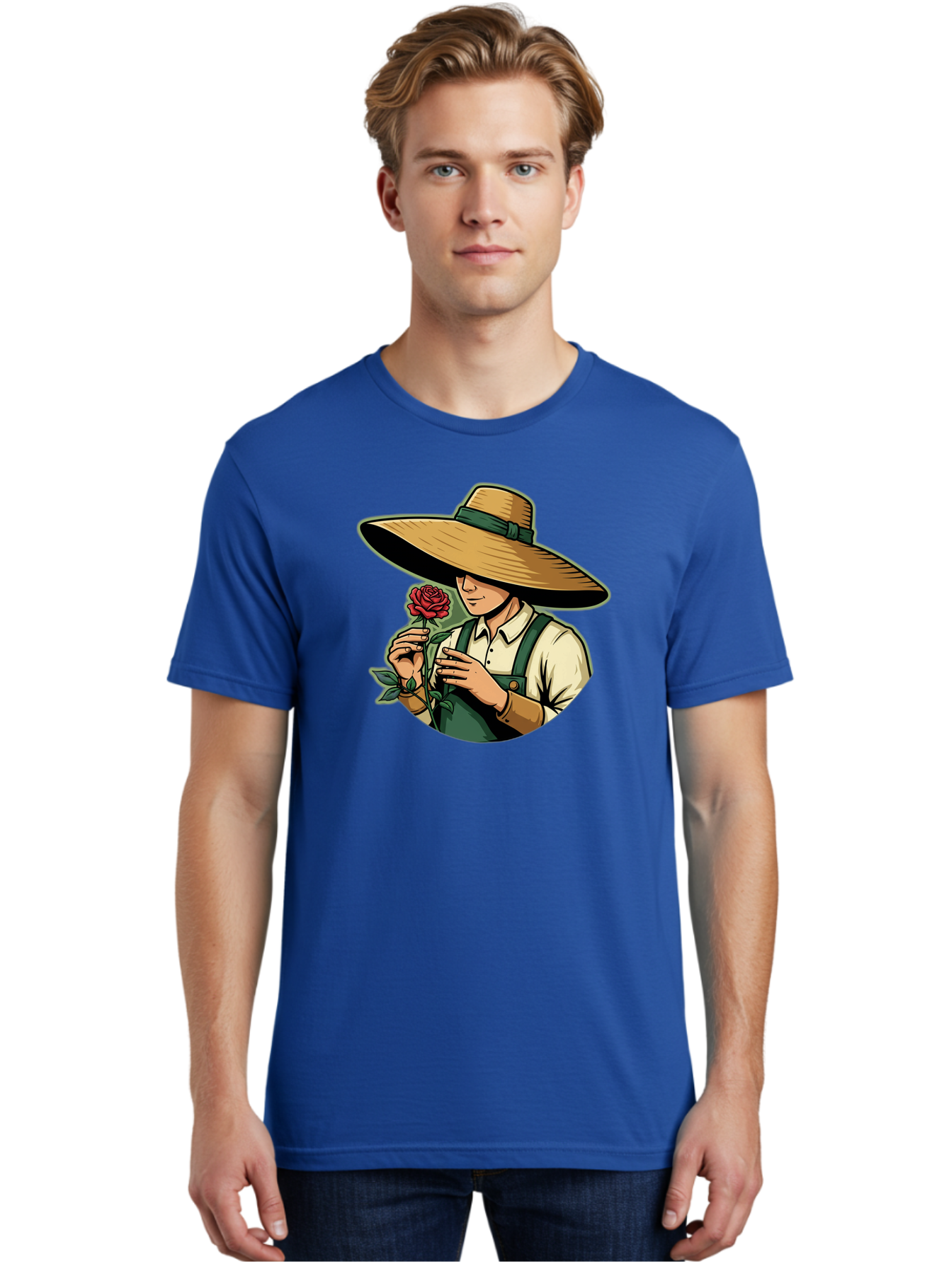 Farmer-With-Rose Men'S Graphic Tee, 100% Cotton, Comfortable Casual Summer Wear, Machine Washable, Gardener Holding Rose, Farmer With Flower, Straw Hat, Green Overall, Red Rose, Gardening, Nature Lover, Rustic Charm, Countryside Style Baa663