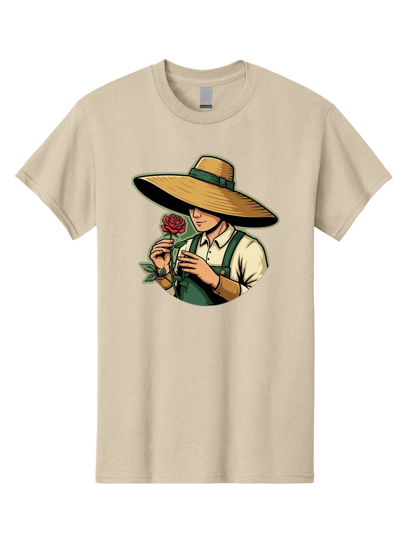 Farmer-With-Rose Men'S Graphic Tee, 100% Cotton, Comfortable Casual Summer Wear, Machine Washable, Gardener Holding Rose, Farmer With Flower, Straw Hat, Green Overall, Red Rose, Gardening, Nature Lover, Rustic Charm, Countryside Style Baa663