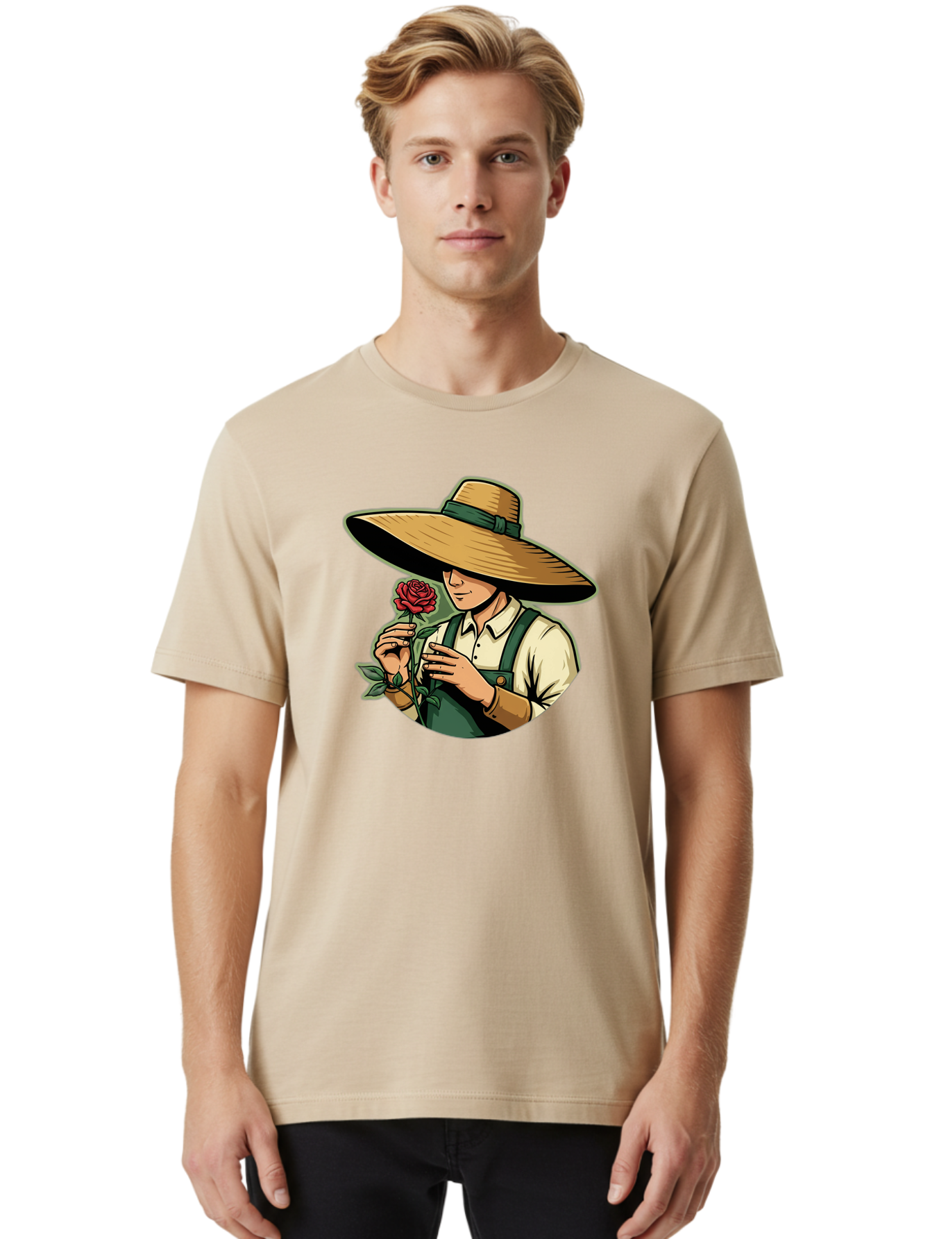 Farmer-With-Rose Men'S Graphic Tee, 100% Cotton, Comfortable Casual Summer Wear, Machine Washable, Gardener Holding Rose, Farmer With Flower, Straw Hat, Green Overall, Red Rose, Gardening, Nature Lover, Rustic Charm, Countryside Style Baa663