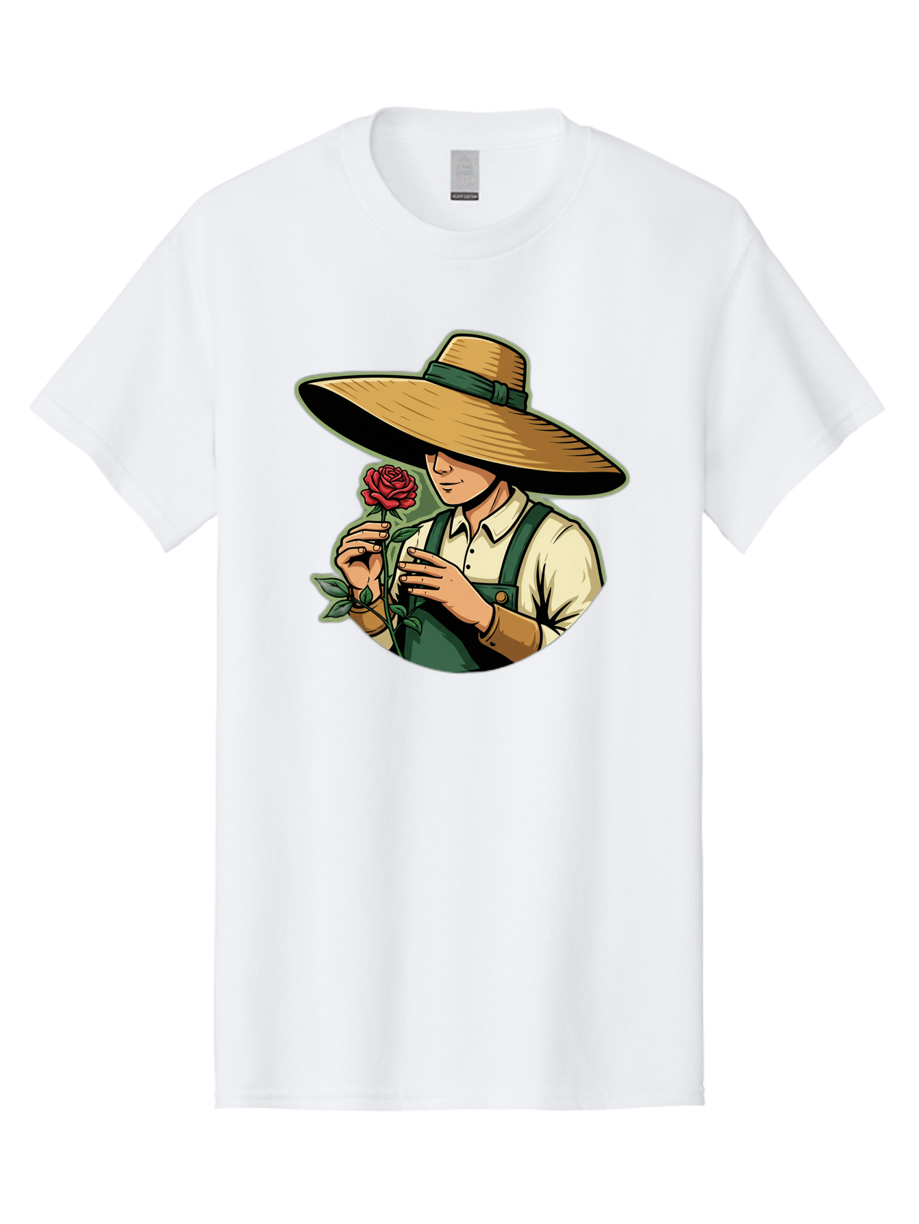 Farmer-With-Rose Men'S Graphic Tee, 100% Cotton, Comfortable Casual Summer Wear, Machine Washable, Gardener Holding Rose, Farmer With Flower, Straw Hat, Green Overall, Red Rose, Gardening, Nature Lover, Rustic Charm, Countryside Style Baa663