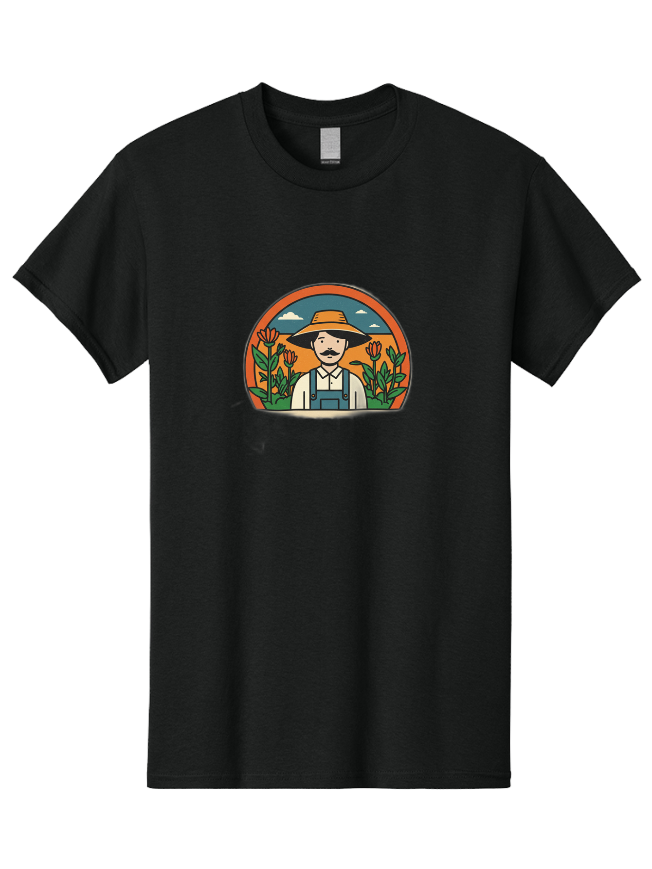Farmer-With-Tulips Men'S Graphic Tee, 100% Cotton, Comfortable Casual Summer Wear, Machine Washable, Man In Overalls And Hat, Flowers, Gardening, Farming, Floral Arrangements, Agriculture, Mustachioed Man, Rustic Charm, Countryside, Baa664