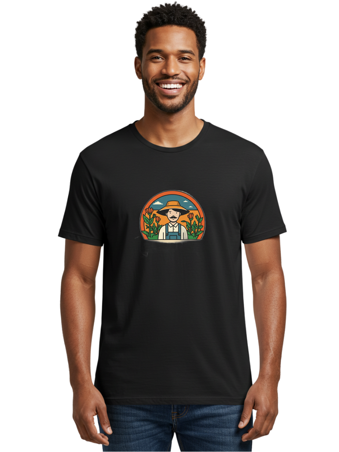 Farmer-With-Tulips Men'S Graphic Tee, 100% Cotton, Comfortable Casual Summer Wear, Machine Washable, Man In Overalls And Hat, Flowers, Gardening, Farming, Floral Arrangements, Agriculture, Mustachioed Man, Rustic Charm, Countryside, Baa664