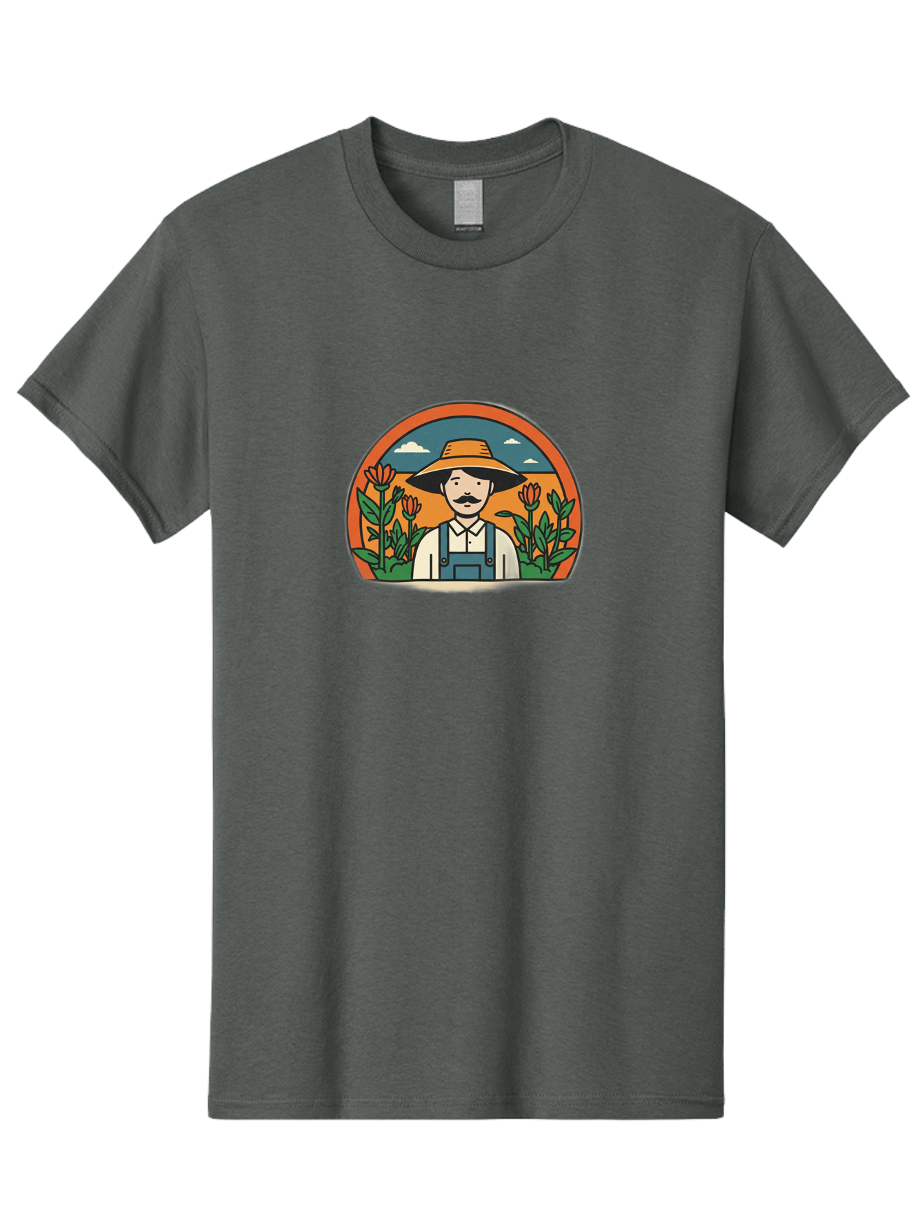 Farmer-With-Tulips Men'S Graphic Tee, 100% Cotton, Comfortable Casual Summer Wear, Machine Washable, Man In Overalls And Hat, Flowers, Gardening, Farming, Floral Arrangements, Agriculture, Mustachioed Man, Rustic Charm, Countryside, Baa664