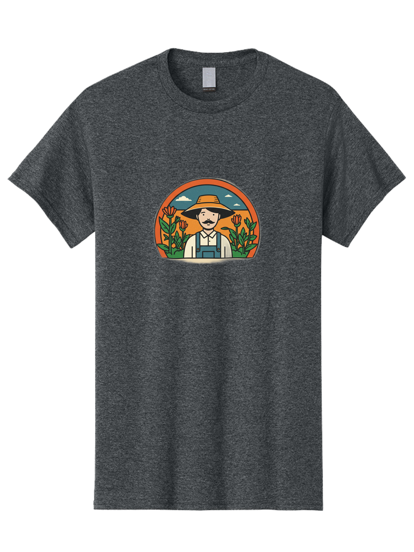 Farmer-With-Tulips Men'S Graphic Tee, 100% Cotton, Comfortable Casual Summer Wear, Machine Washable, Man In Overalls And Hat, Flowers, Gardening, Farming, Floral Arrangements, Agriculture, Mustachioed Man, Rustic Charm, Countryside, Baa664