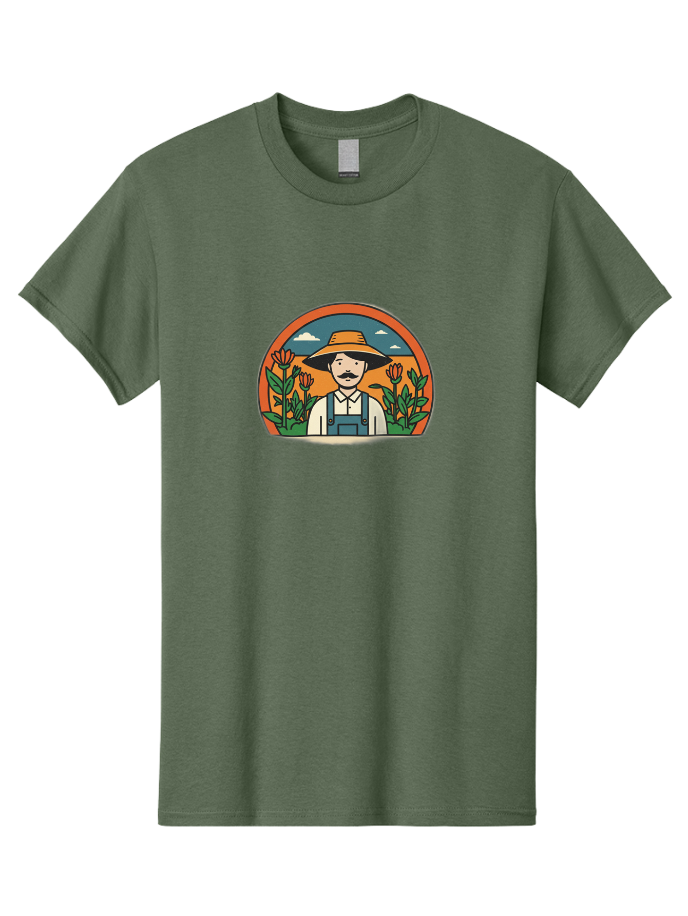 Farmer-With-Tulips Men'S Graphic Tee, 100% Cotton, Comfortable Casual Summer Wear, Machine Washable, Man In Overalls And Hat, Flowers, Gardening, Farming, Floral Arrangements, Agriculture, Mustachioed Man, Rustic Charm, Countryside, Baa664