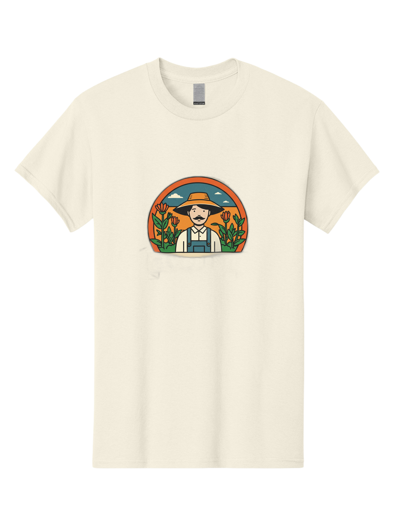 Farmer-With-Tulips Men'S Graphic Tee, 100% Cotton, Comfortable Casual Summer Wear, Machine Washable, Man In Overalls And Hat, Flowers, Gardening, Farming, Floral Arrangements, Agriculture, Mustachioed Man, Rustic Charm, Countryside, Baa664