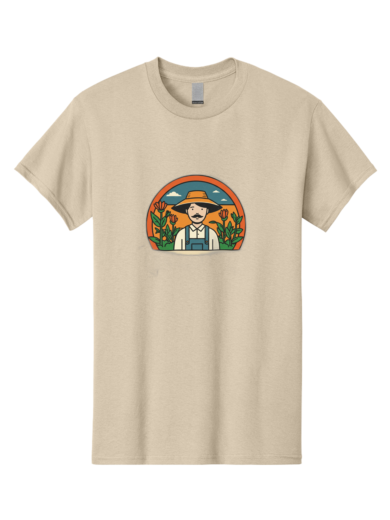 Farmer-With-Tulips Men'S Graphic Tee, 100% Cotton, Comfortable Casual Summer Wear, Machine Washable, Man In Overalls And Hat, Flowers, Gardening, Farming, Floral Arrangements, Agriculture, Mustachioed Man, Rustic Charm, Countryside, Baa664