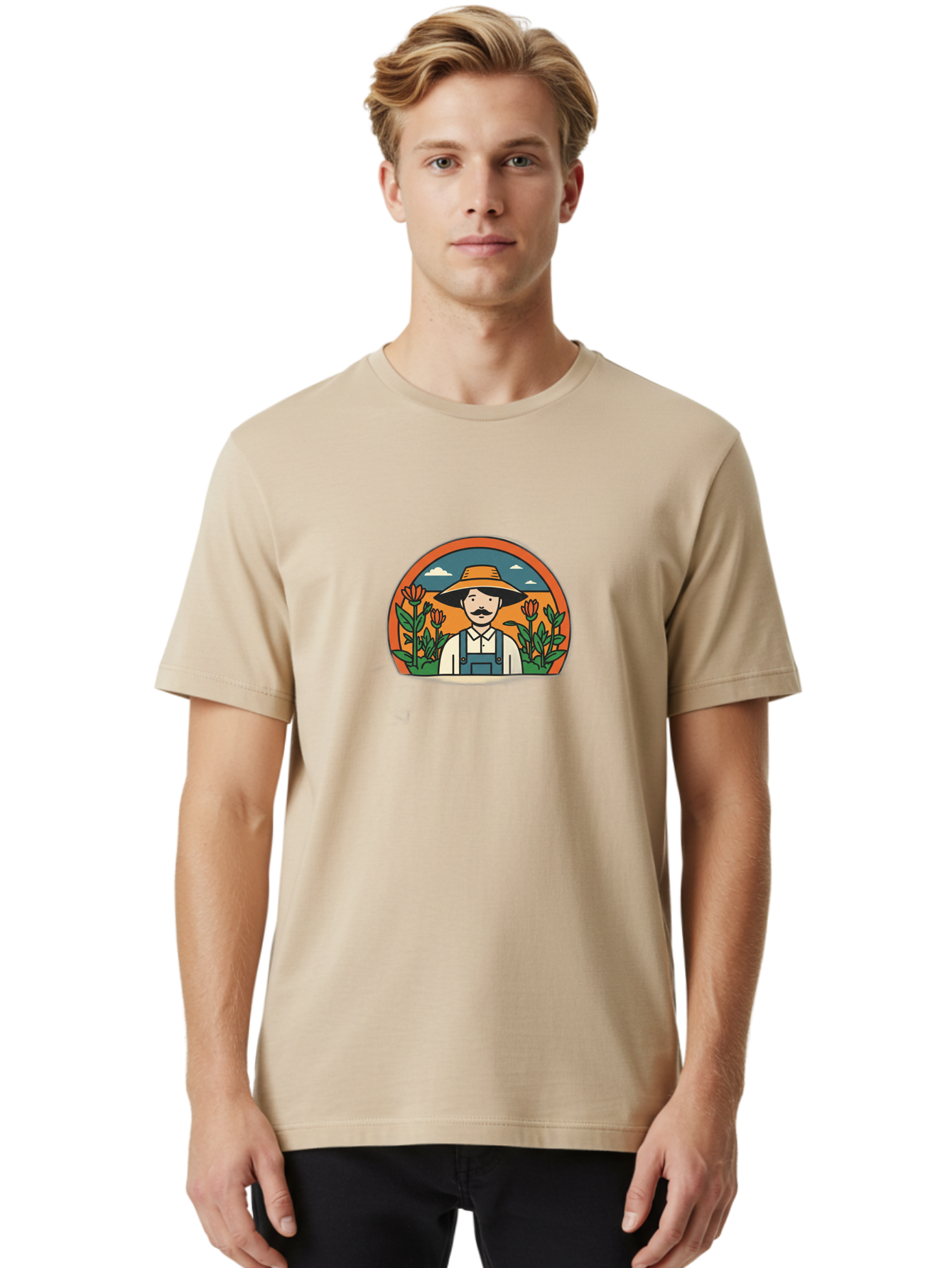 Farmer-With-Tulips Men'S Graphic Tee, 100% Cotton, Comfortable Casual Summer Wear, Machine Washable, Man In Overalls And Hat, Flowers, Gardening, Farming, Floral Arrangements, Agriculture, Mustachioed Man, Rustic Charm, Countryside, Baa664