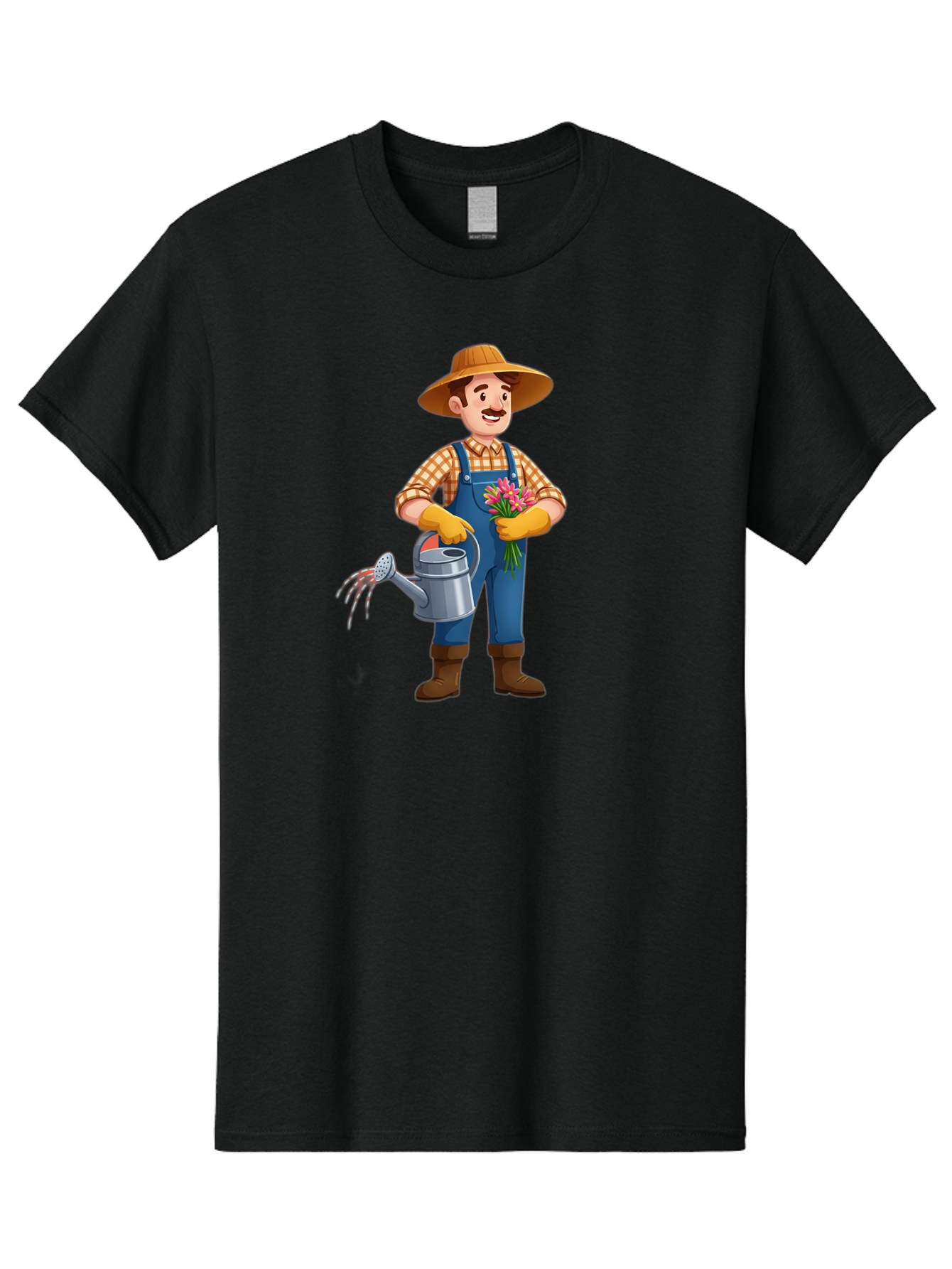 Farmer-With-Watering-Can Men'S Graphic Tee, 100% Cotton, Comfortable Casual Summer Wear, Machine Washable, Gardener Watering Plants, Bouquet Of Flowers, Gardening Tools, Rustic Clothing, Outdoor Activities, Plant Care, Gardening Lifestyle, Baa665