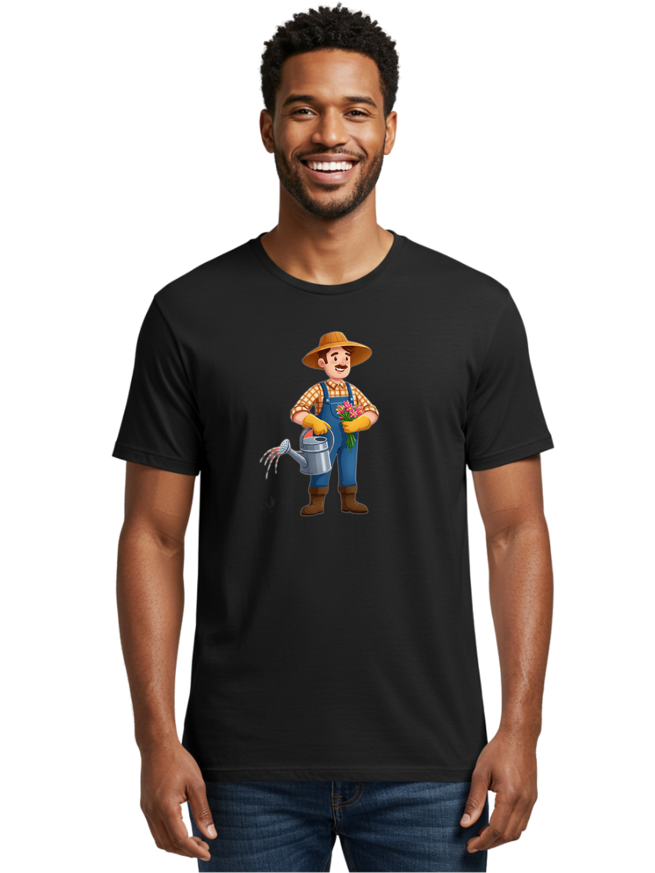 Farmer-With-Watering-Can Men'S Graphic Tee, 100% Cotton, Comfortable Casual Summer Wear, Machine Washable, Gardener Watering Plants, Bouquet Of Flowers, Gardening Tools, Rustic Clothing, Outdoor Activities, Plant Care, Gardening Lifestyle, Baa665