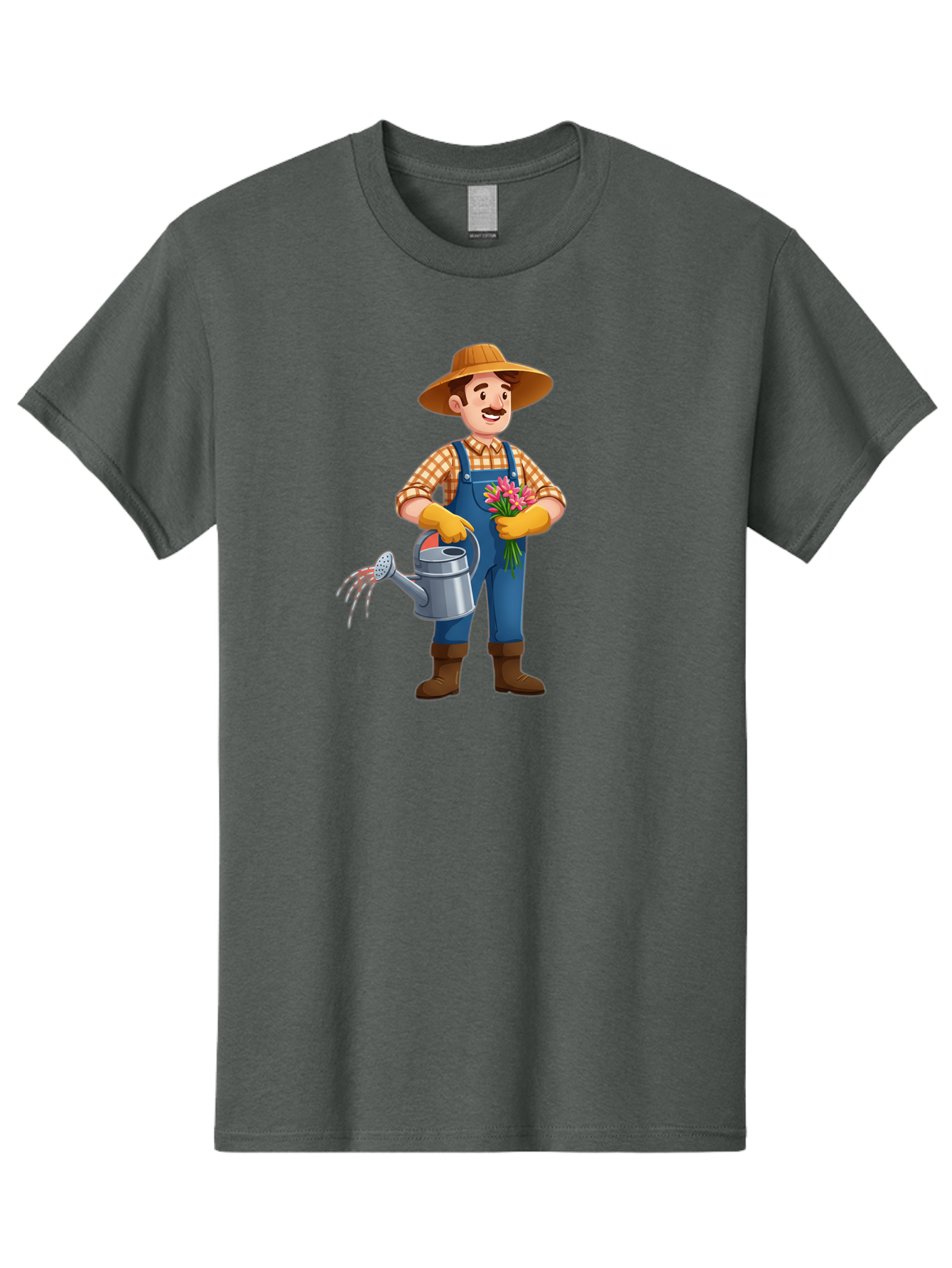 Farmer-With-Watering-Can Men'S Graphic Tee, 100% Cotton, Comfortable Casual Summer Wear, Machine Washable, Gardener Watering Plants, Bouquet Of Flowers, Gardening Tools, Rustic Clothing, Outdoor Activities, Plant Care, Gardening Lifestyle, Baa665